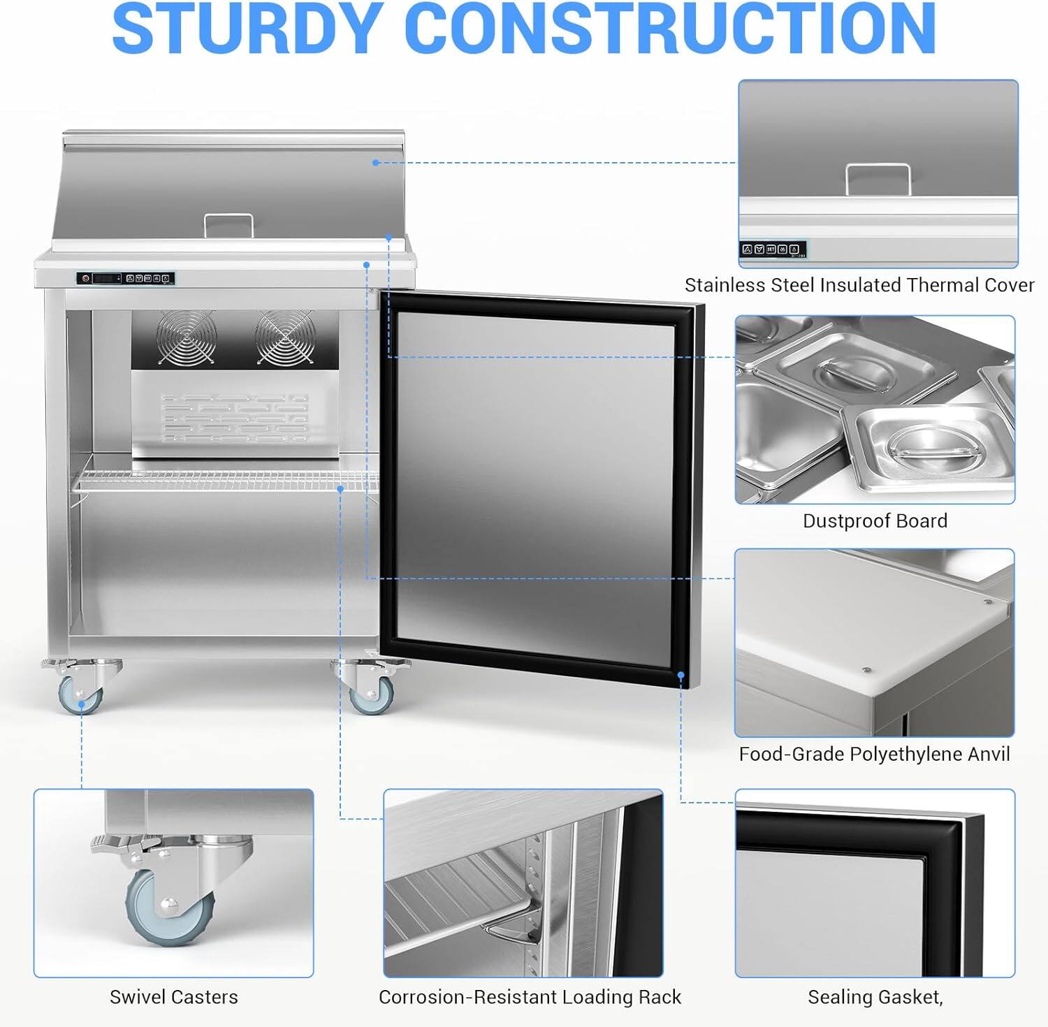 STURDY CONSTRUCTION

- Stainless Steel Insulated Thermal Cover
- Dustproof Board
- Food-Grade Polyethylene Anvil
- Swivel Casters
- Corrosion-Resistant Loading Rack
- Sealing Gasket