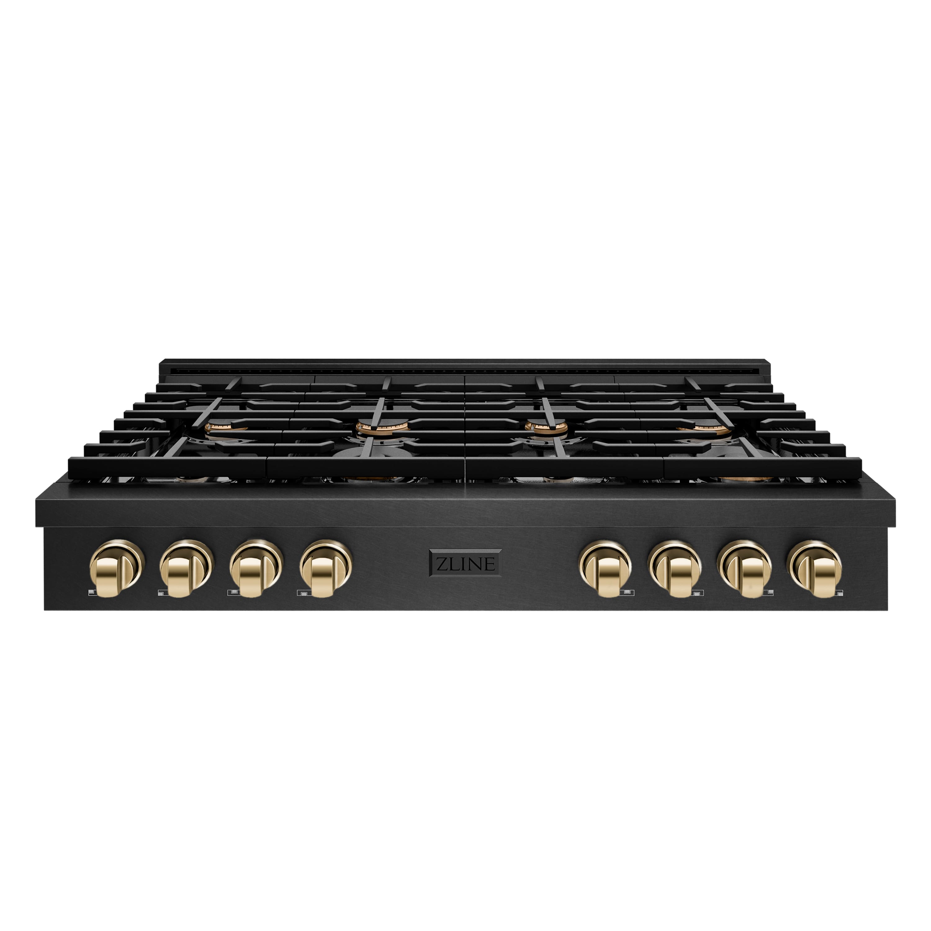 ZLINE Autograph 48 in. 8 Burner Paramount Gas Rangetop in Black Satin Stainless Steel with Gold Accents (SRTBSZ-48-G) Front