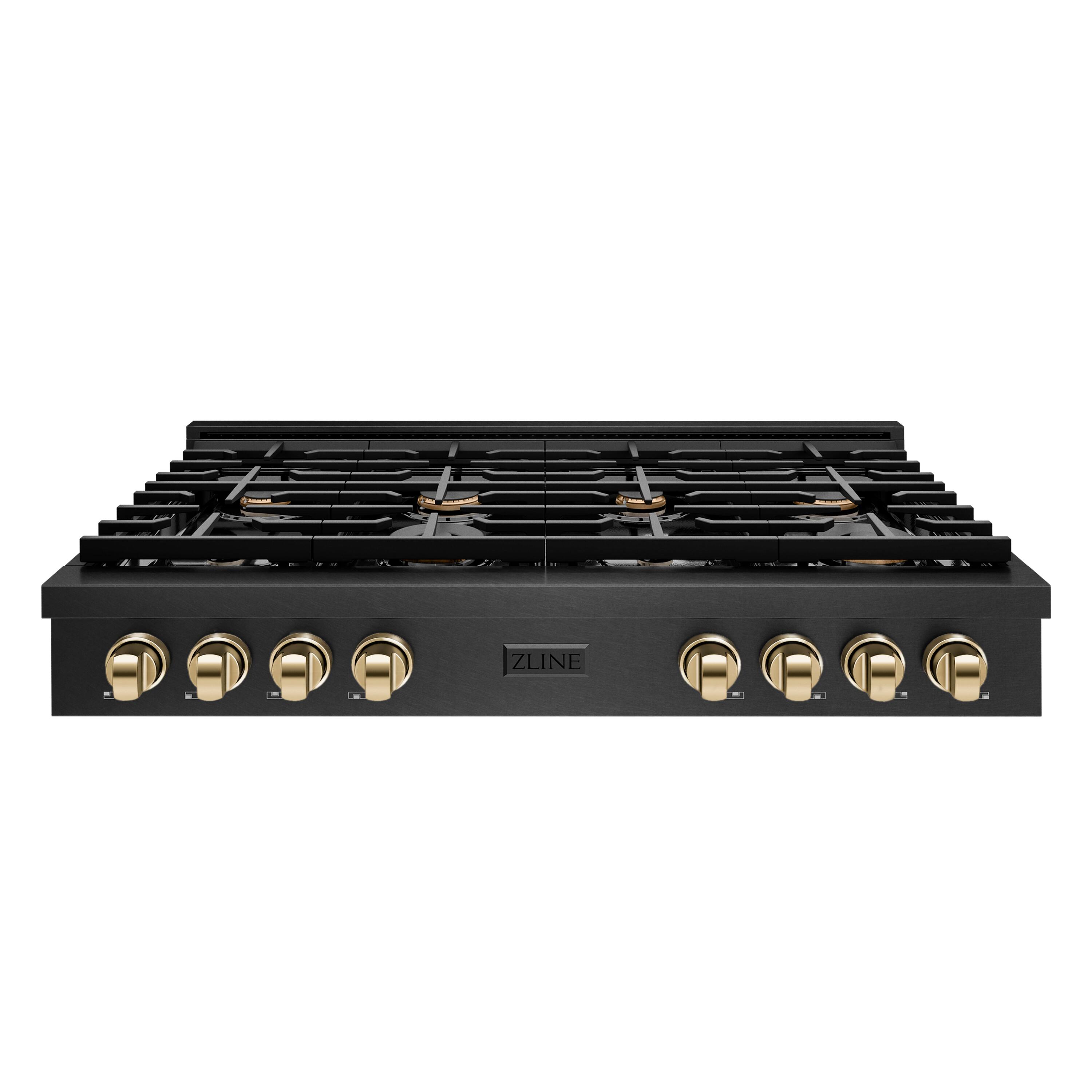 Front. ZLINE - ZLINE Autograph 48 in. 8 Burner Paramount Gas Rangetop in Black Satin Stainless Steel with Gold Accents (SRTBSZ-48-G) - Black Satin Stainless Steel.