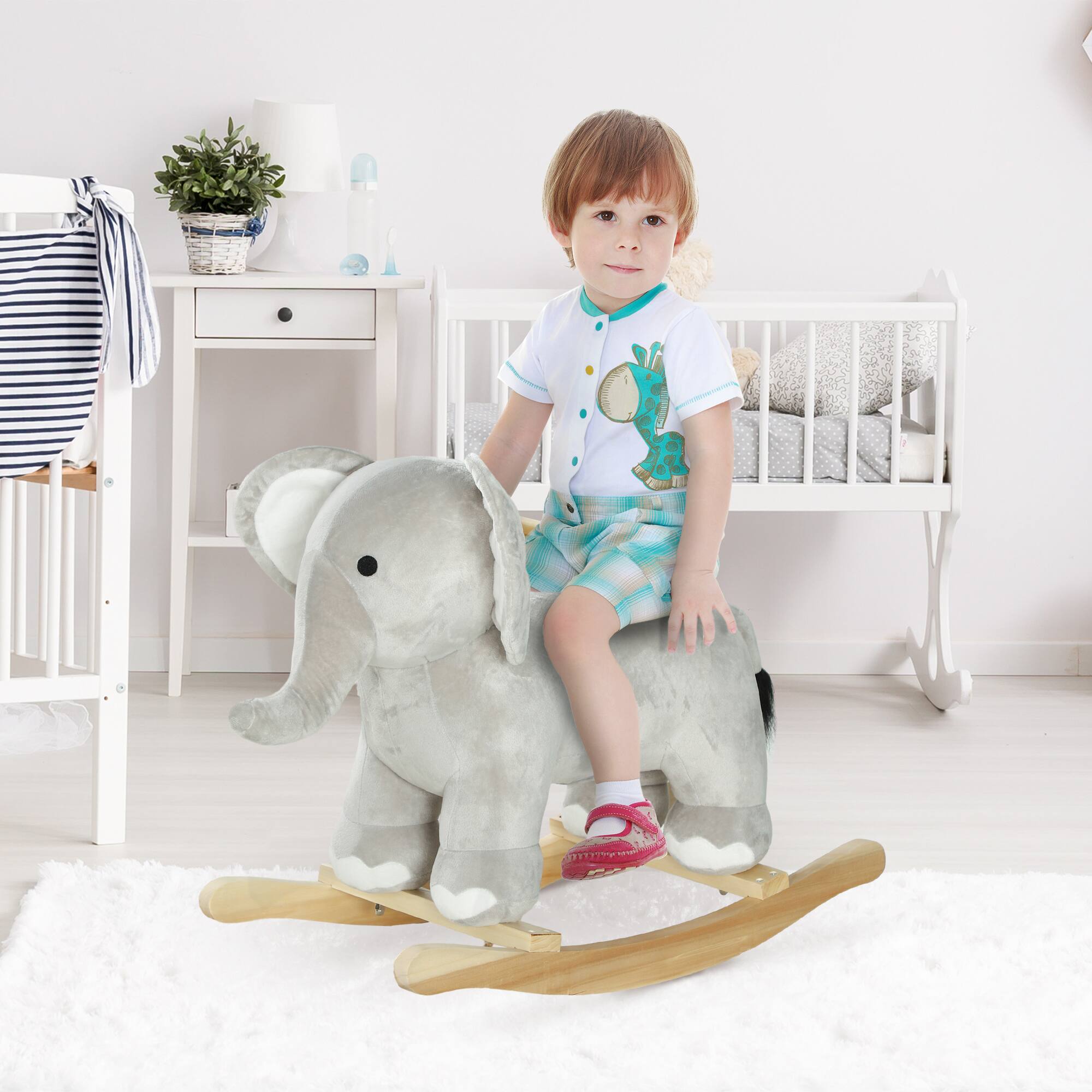 Angle. Qaba - Rocking Horse, Kids Rocking Animal, Elephant Rocker with Realistic Sounds, Plush Ride on Toy for Years 2-4.