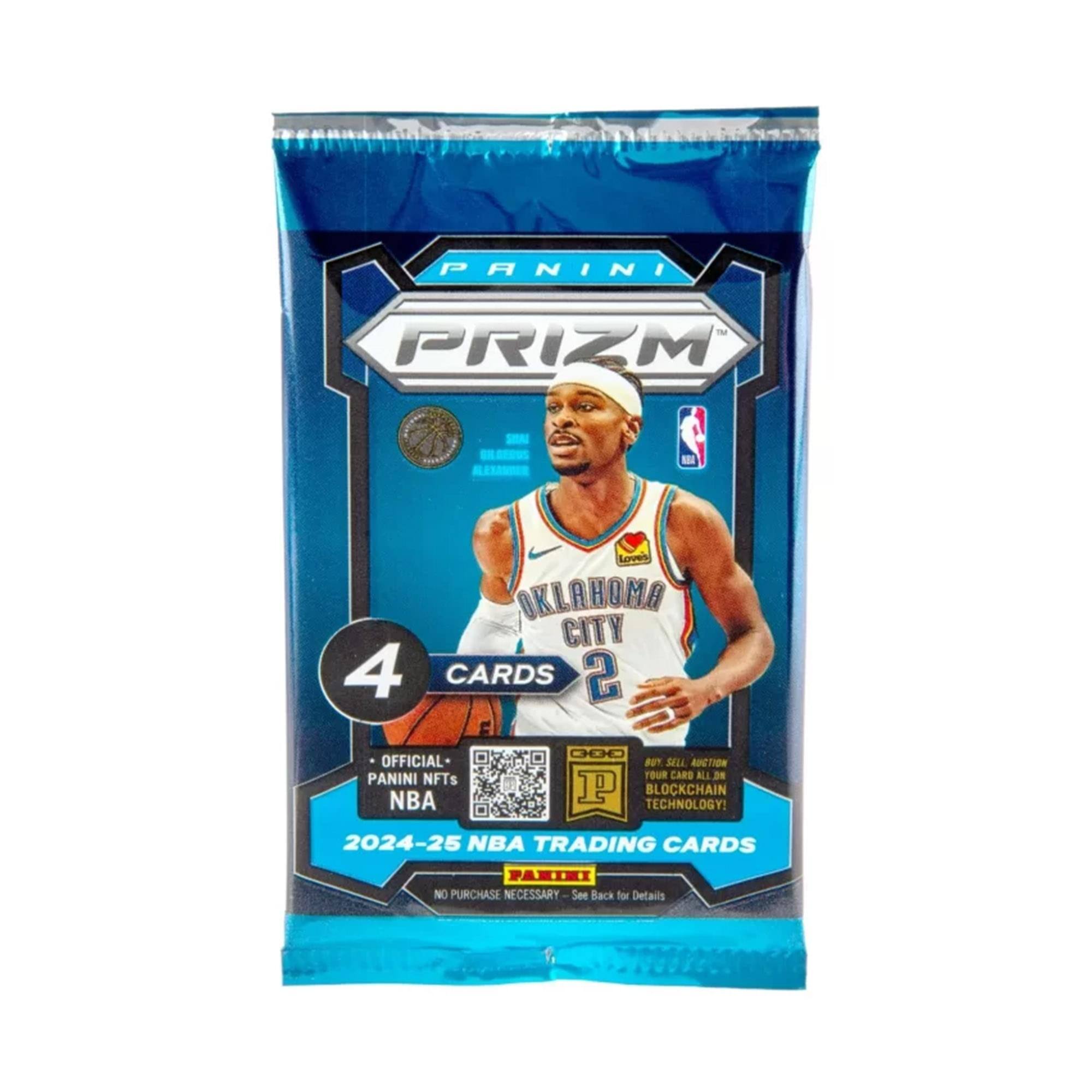 Sure, here is the corrected and grouped text from the image:

---

**PANINI PRIZM**

**4 CARDS**

**OFFICIAL PANINI NFTs NBA**

**BUY SELL AUCTION TOUR CARD**

**2024-25 NBA TRADING CARDS**

**NO PURCHASE NECESSARY - See Back for Details**

**P BLOCKCHAIN TECHNOLOGY!**

**OKLAHOMA CITY 2**

**PARIKI**

---

This text is organized to reflect the information as it appears on the packaging.