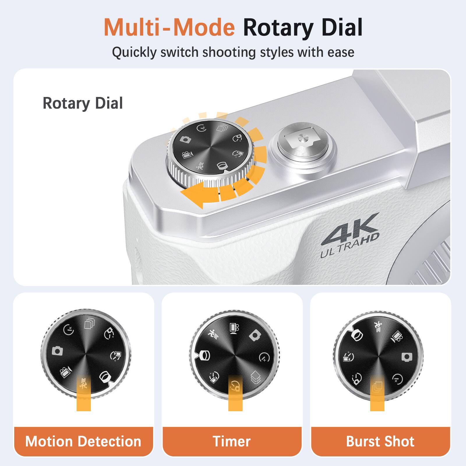 Multi-Mode Rotary Dial  
Quickly switch shooting styles with ease  

Rotary Dial  

Motion Detection  
Timer  
Burst Shot