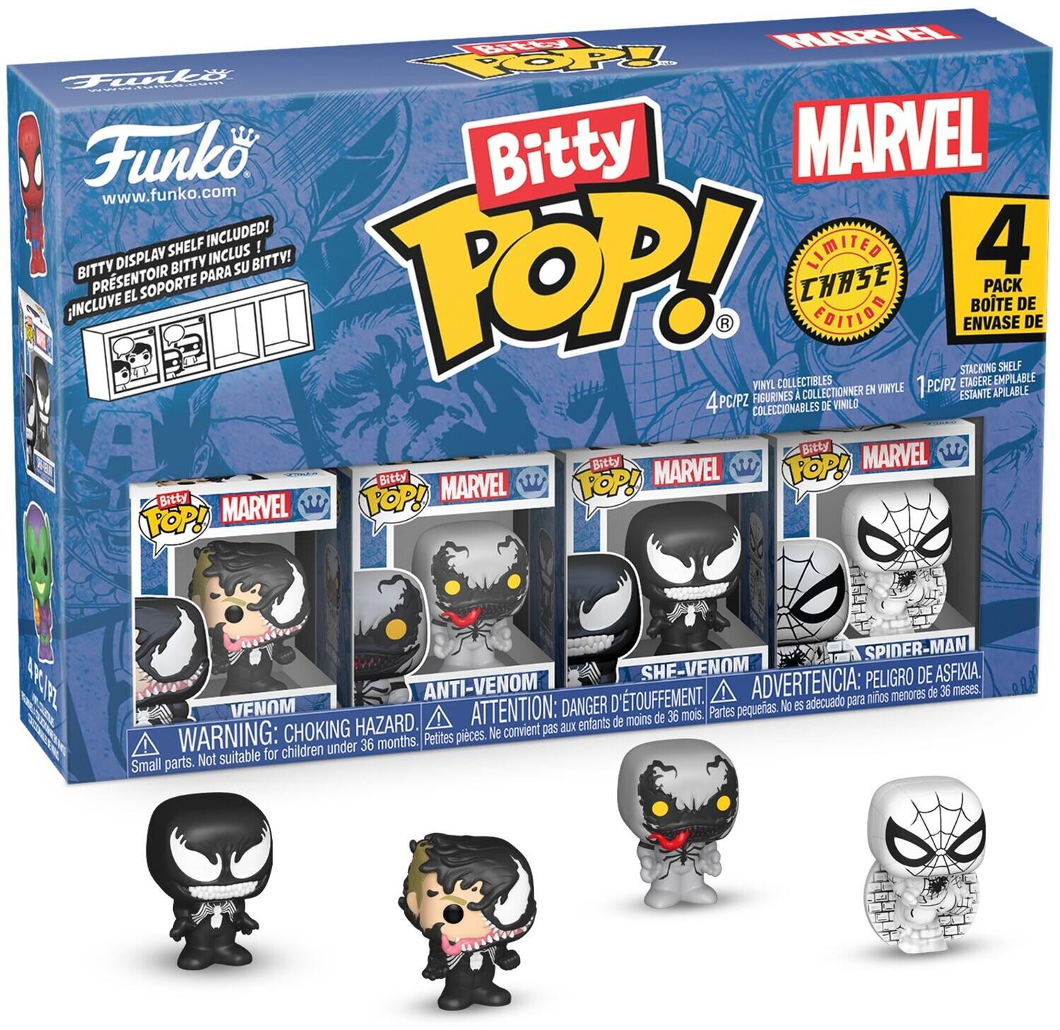 MARVEL, Funko, Bitty POP!, www.funko.com, SHELF INCLUDED!, 4 BITTY DISPLAY, Bitty INCLUS SU BITTY!, TOP!, LIMITED EDITION, PACK, BOITE DE ENVASE, STACKING SHELF, EMPILABLE, VINYL COLLECTIBLES, PC/PZ, ETAGERE COLLECTIONNER, EN VINYLE, APILABLE, FIGURINES, J ESTANTE, 4PC/PZ, COLECCIONABLES DE VINILO, Bitty MARVEL, Bitty POP!, MARVEL, POP!, MARVEL, ARCIFZ, SPINER-MAN, SHE-VENOM, ADVERTENCIA: PELIGRO DE ASFIXIA, ANTI-VENOM D'TOUFFEMENT, para nios menores de 36 meses, VENOM, ATTENTION: DANGER, pequerias, No es adecuado moins de 36 mois, Partes, WARNING: CHOKING, Ne convient pas, Small parts, Not suitable for children under 36 months, Petites pieces.