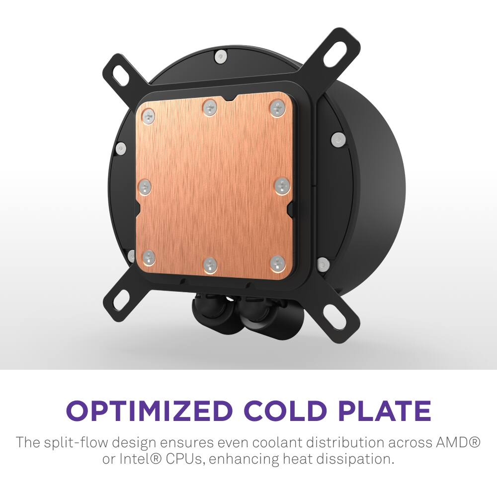 Optimized Cold Plate: The split-flow design ensures even coolant distribution across AMD R or Intel CPUs, enhancing heat dissipation.
