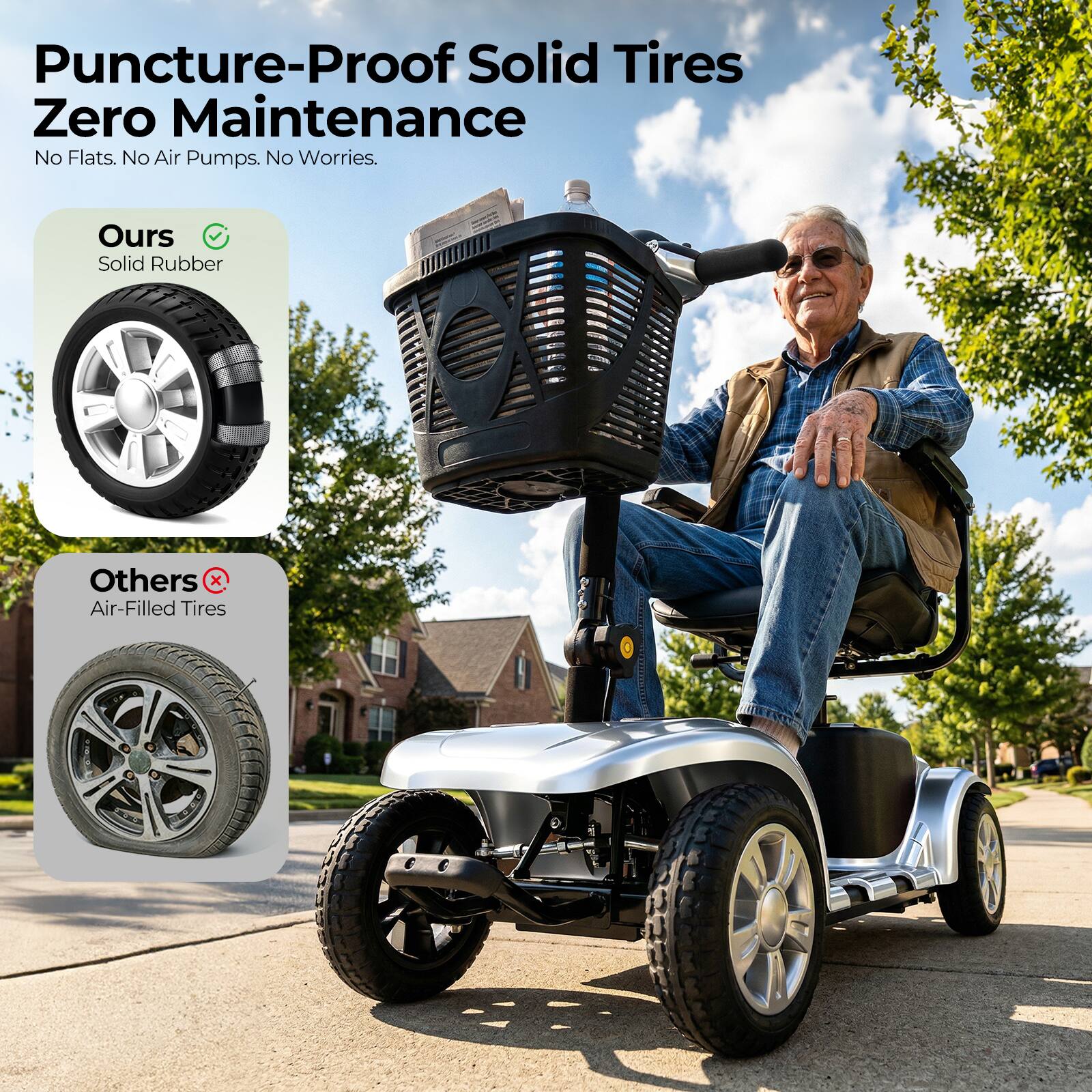 Puncture-Proof Solid Tires  
Zero Maintenance  
No Flats. No Air Pumps. No Worries.  

Ours  
Solid Rubber  

Others  
Air-Filled Tires