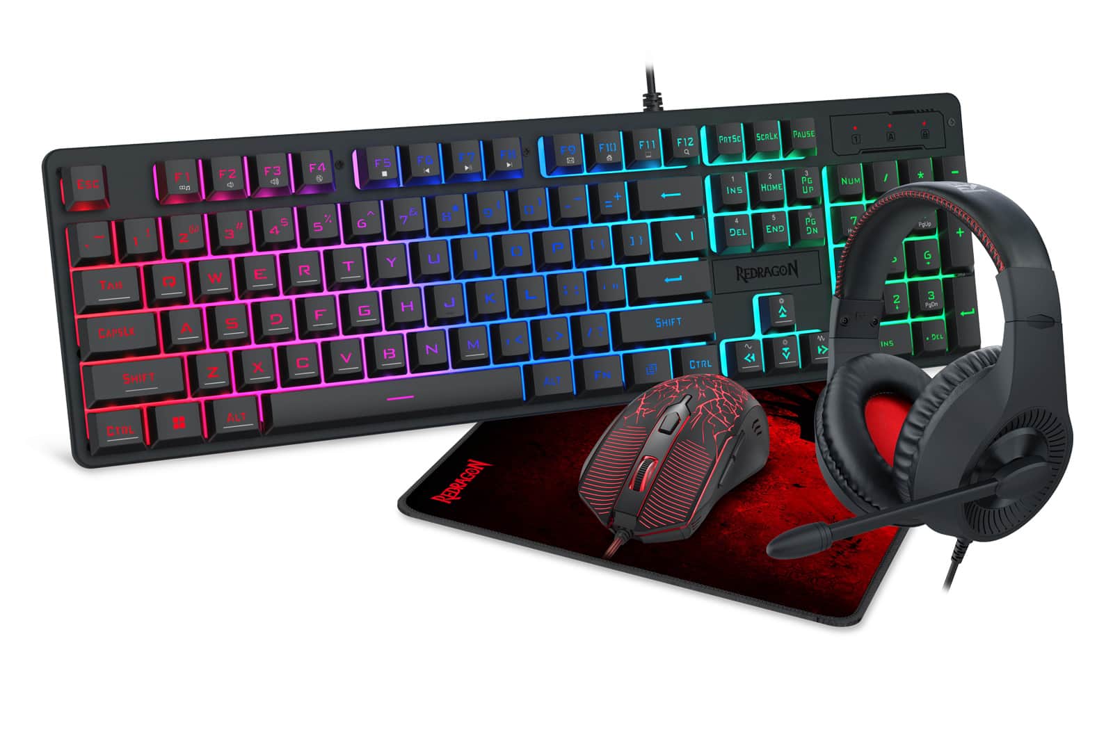 REDRAGON - S107P-BA 4-in-1 Gaming Keyboard & Mouse Combo & Headset, Rainbow Backlit & On-the-Fly 3200DPI Mouse for Wins PC - Black