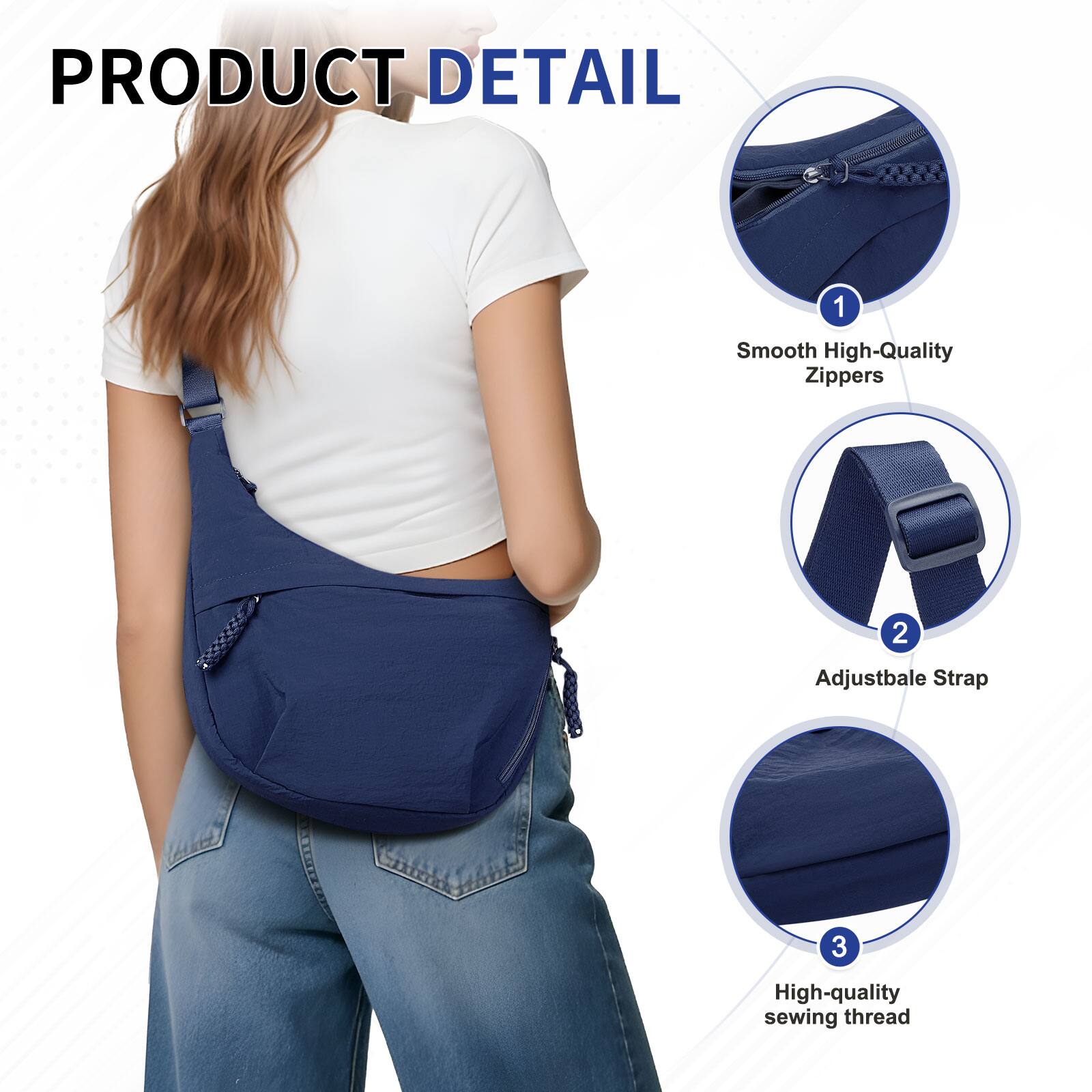 PRODUCT DETAIL

1. Smooth High-Quality Zippers
2. Adjustable Strap
3. High-quality sewing thread