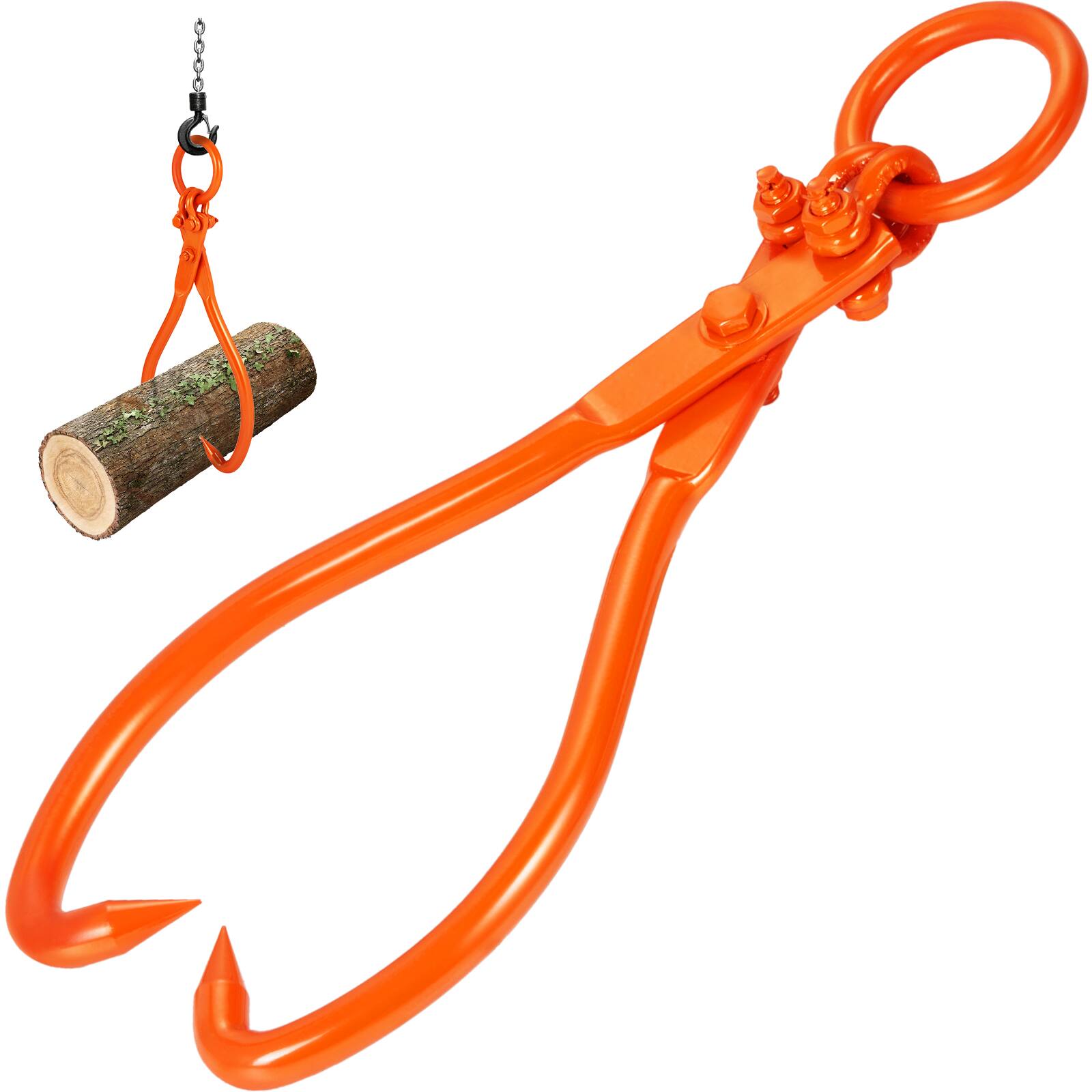 Front. VEVOR - Log Skidding Tongs, 18 inch 2 Claw Log Lifting Tongs, Heavy Duty Steel Lumber Skidding Tongs - Orange.