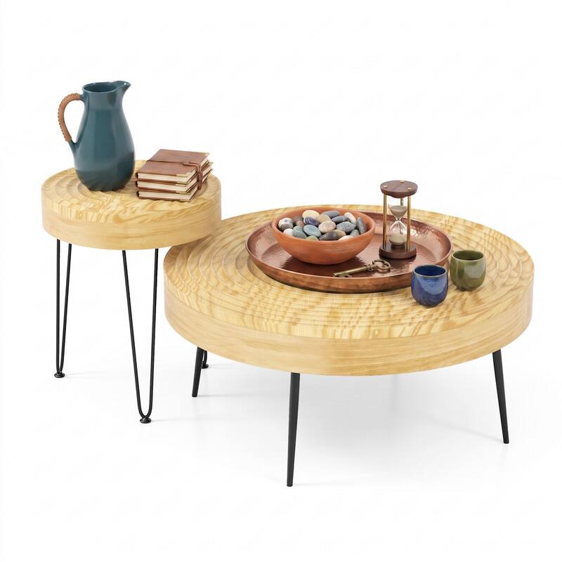 Left. WELLFOR - Set of 2 Solid Wood Round Coffee Table with Metal Legs, Farmhouse Nesting Coffee Table Center Table for Living Rooms - Natural.
