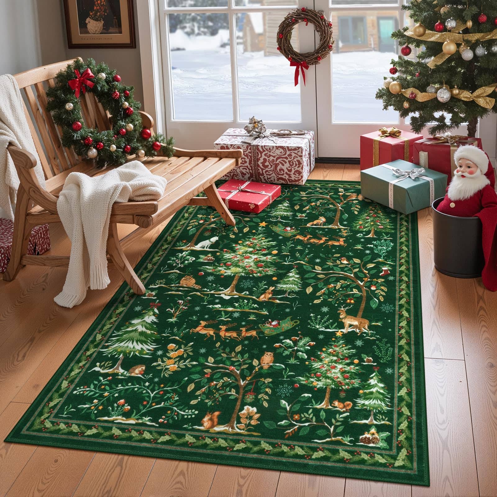 Paradigms Interiors - Christmas Runner Rug For Hallways Kitchen Washable Rugs Non Slip Entryway Carpet Tree Santa Claus Forest An - Green-8' x 10'