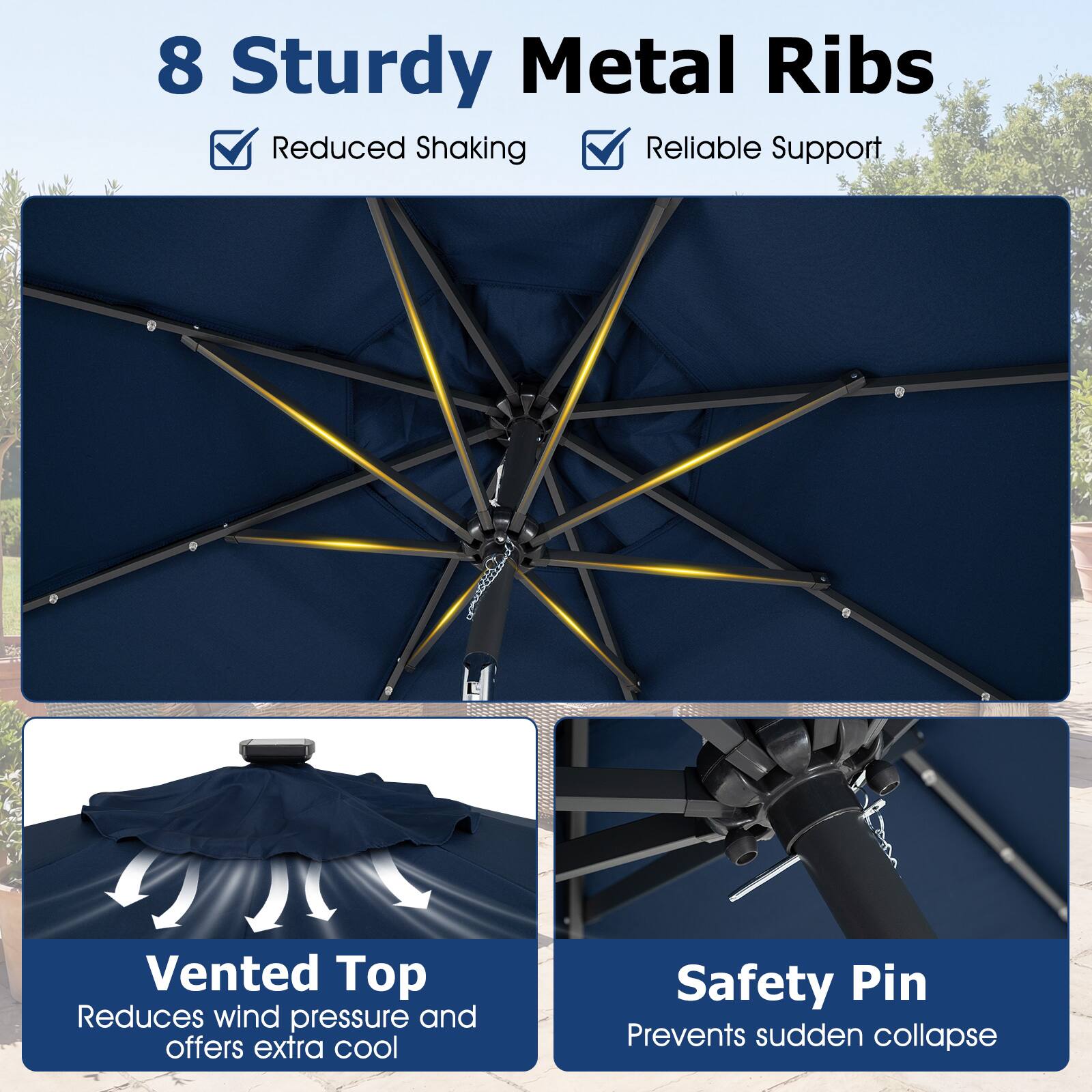8 Sturdy Metal Ribs  
- Reduced Shaking  
- Reliable Support  

Vented Top  
Reduces wind pressure and offers extra cool  

Safety Pin  
Prevents sudden collapse
