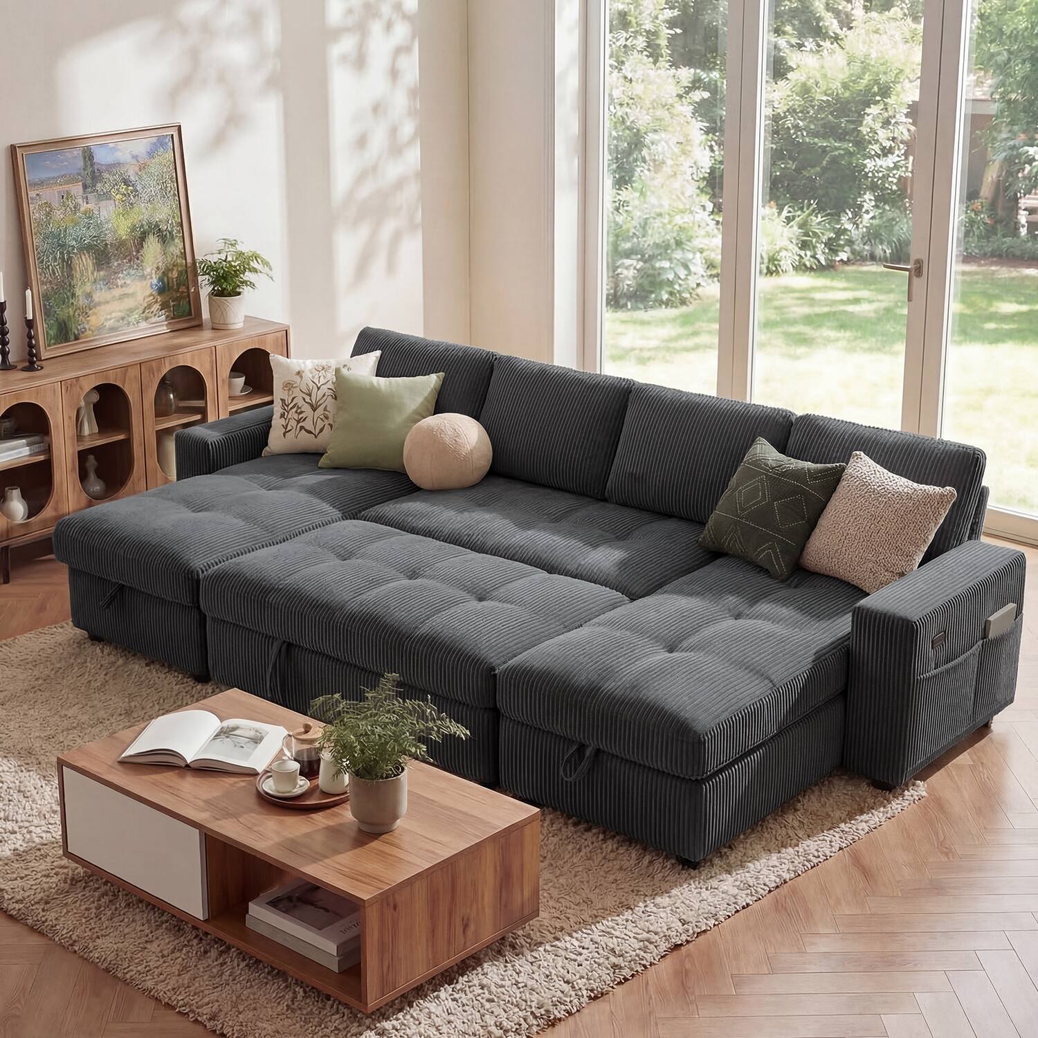 Left. Dyonery - Dyonery 104" U-Shaped Sleeper Sofa Bed with Pull-Out Couch, Double Storage Chaises, USB Ports & Corduroy Fabric, Gray - Corduroy + Gray.