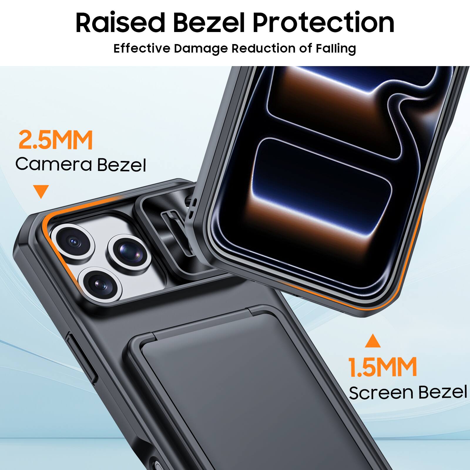Raised Bezel Protection  
Effective Damage Reduction of Falling  

2.5MM Camera Bezel  

1.5MM Screen Bezel