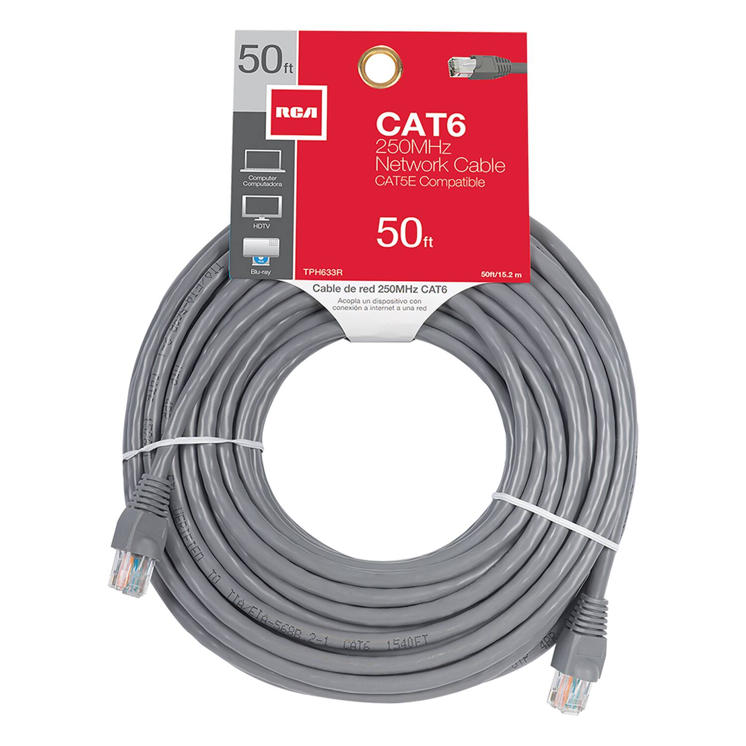 50 ft  
RCA  
TPH633R  
CAT6  
250MHz Network Cable  
CAT5E Compatible  
50 ft  
50ft/15.2 m  
Cable de red 250MHz CAT6  
Acopla un dispositivo a conexión a Internet a una red  
1540FT  
1540ET  
TIA/EIA-568B 2-1  
CAT6