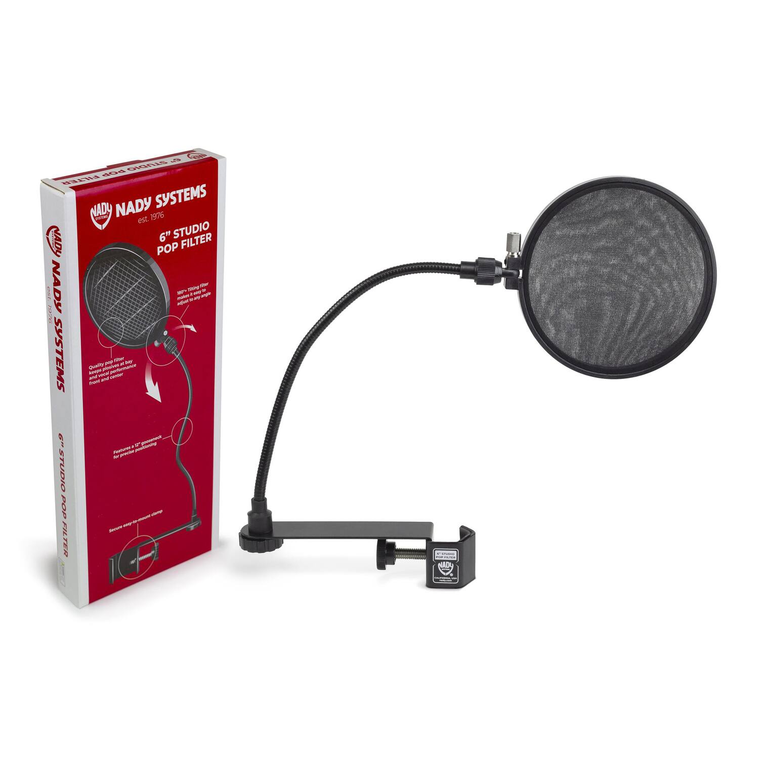 NADY SYSTEMS  
est. 1976  

6" STUDIO POP FILTER  

Quality pop filter for microphones.  
Reduces popping sounds and breath noise.  
Free-standing design.  
Adjustable arm.  
Easy to set up and use.  

NADY SYSTEMS
