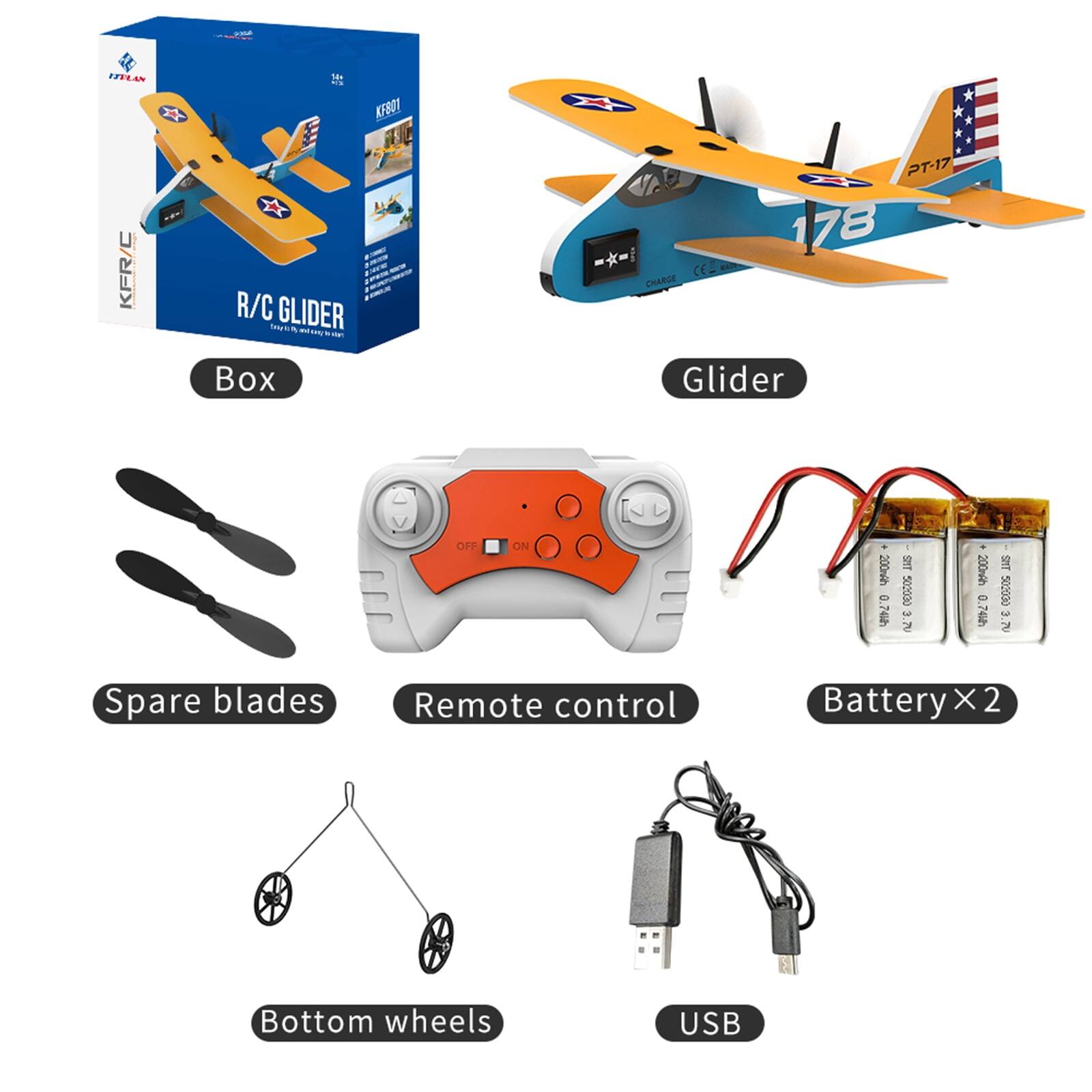 ITELAN KFR/C  
14h KF801 R/C GLIDER  
PT-17 178 CEL CHARGE Glider  
OFF ON  
200nAh 0.74Wh  
- SMT 502030 5  
200nAh 0.74Wh  
- SMT 502030 R  
Spare blades  
Remote control  
Battery X2  
Bottom wheels  
USB