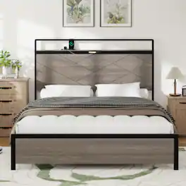 LUCKY ONE - Queen Size Wood Platform Bed Frame with Storage LED Headboard, USB Charging, Metal Slats, No Box Spring Needed - Antique Grey