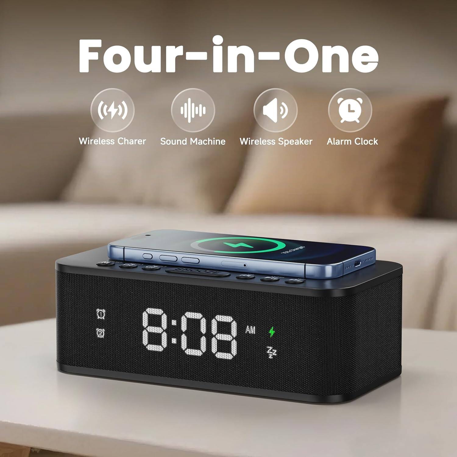 Four-in-One Wireless Charger Sound Machine Wireless Speaker Alarm Clock  
8:08 AM