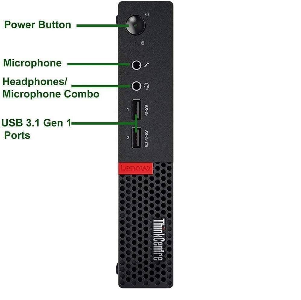 - Power Button
- Microphone
- Headphones/Microphone Combo
- USB 3.1 Gen 1 Ports
- Lenovo ThinkCentre