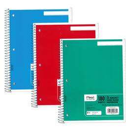 Mead - Spiral 5 Subject Notebook, Wide Ruled, 180 Sheets Per Book, Pack of 3