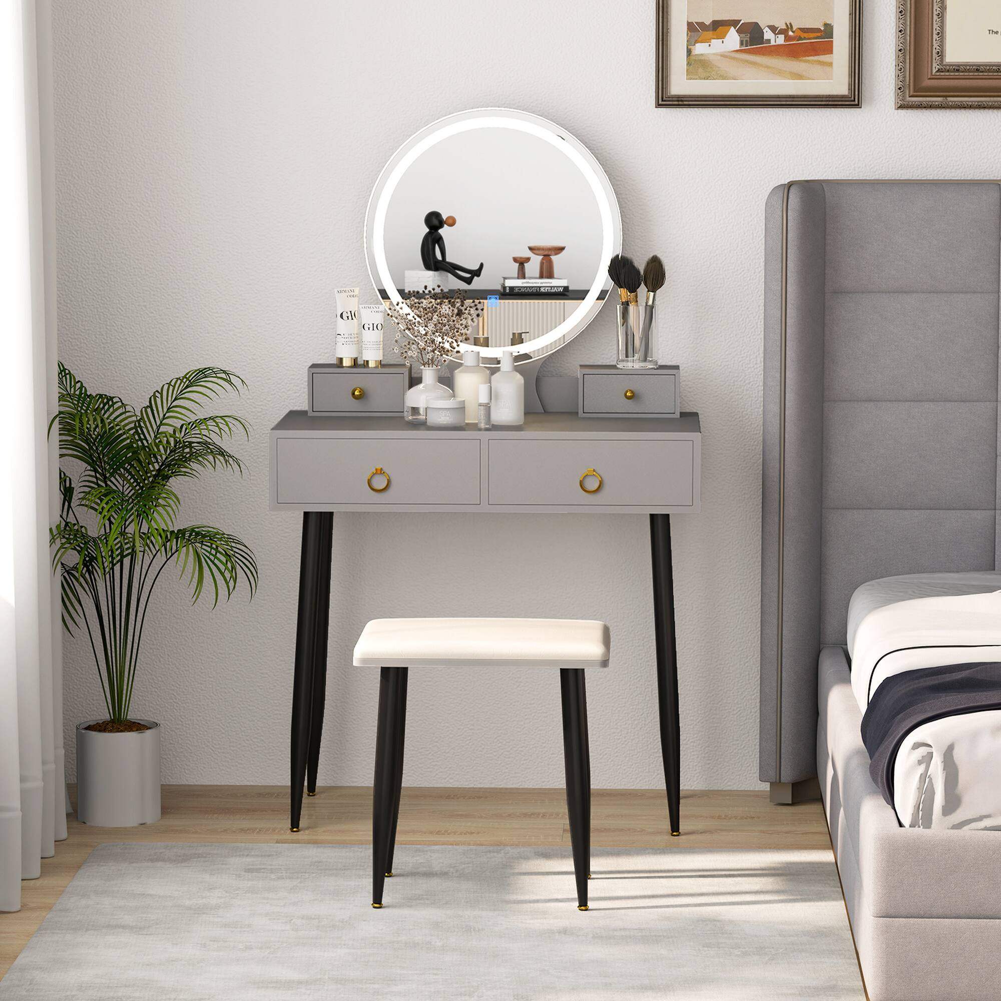 Alt View 3. Costway - Costway Vanity Makeup Dressing Table Stool Set 3-Color Lighted Mirror with Drawers - Gray.