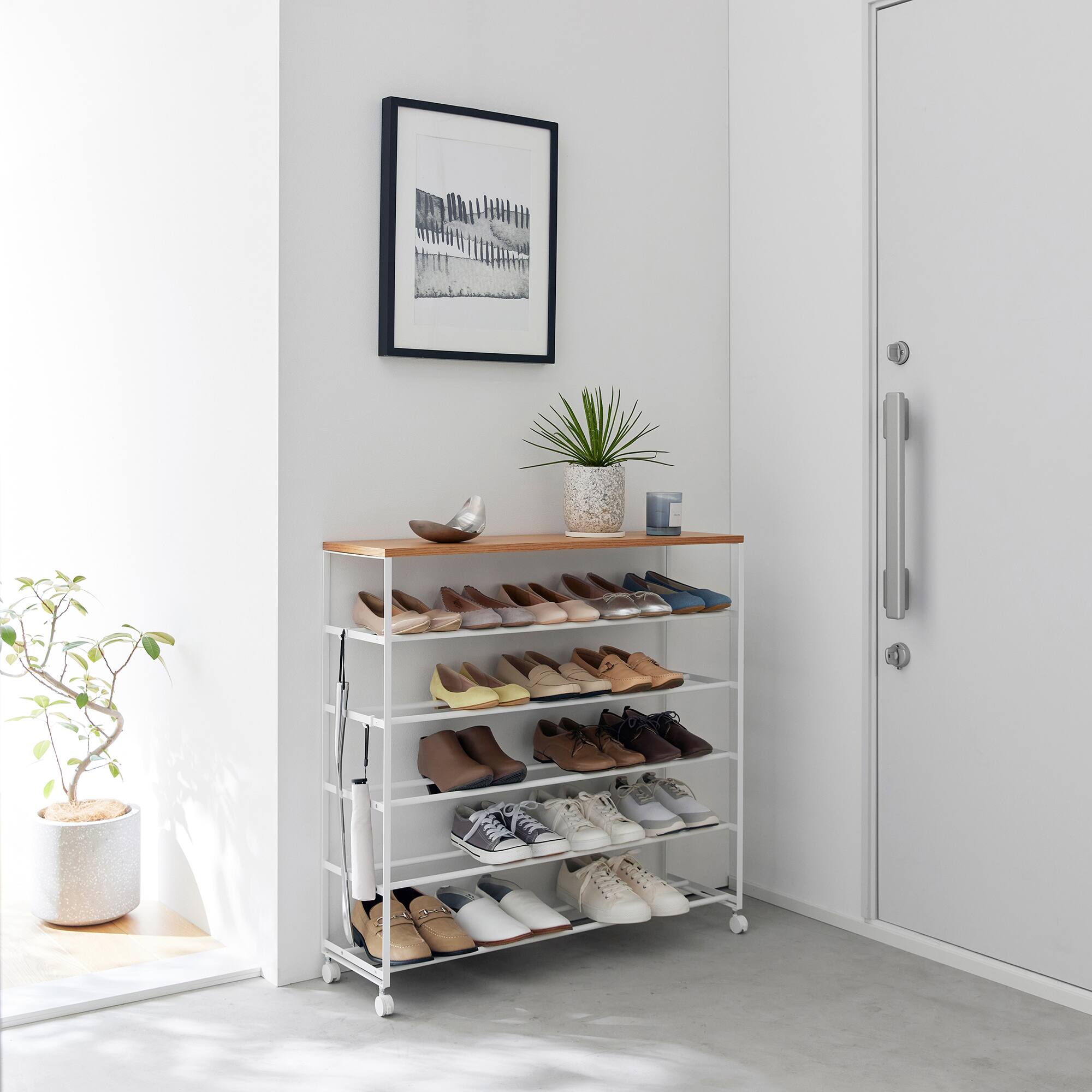 Front. Yamazaki Home - Rolling Five-Tier Shoe Rack (34.25" H)  - Steel + Wood - White.