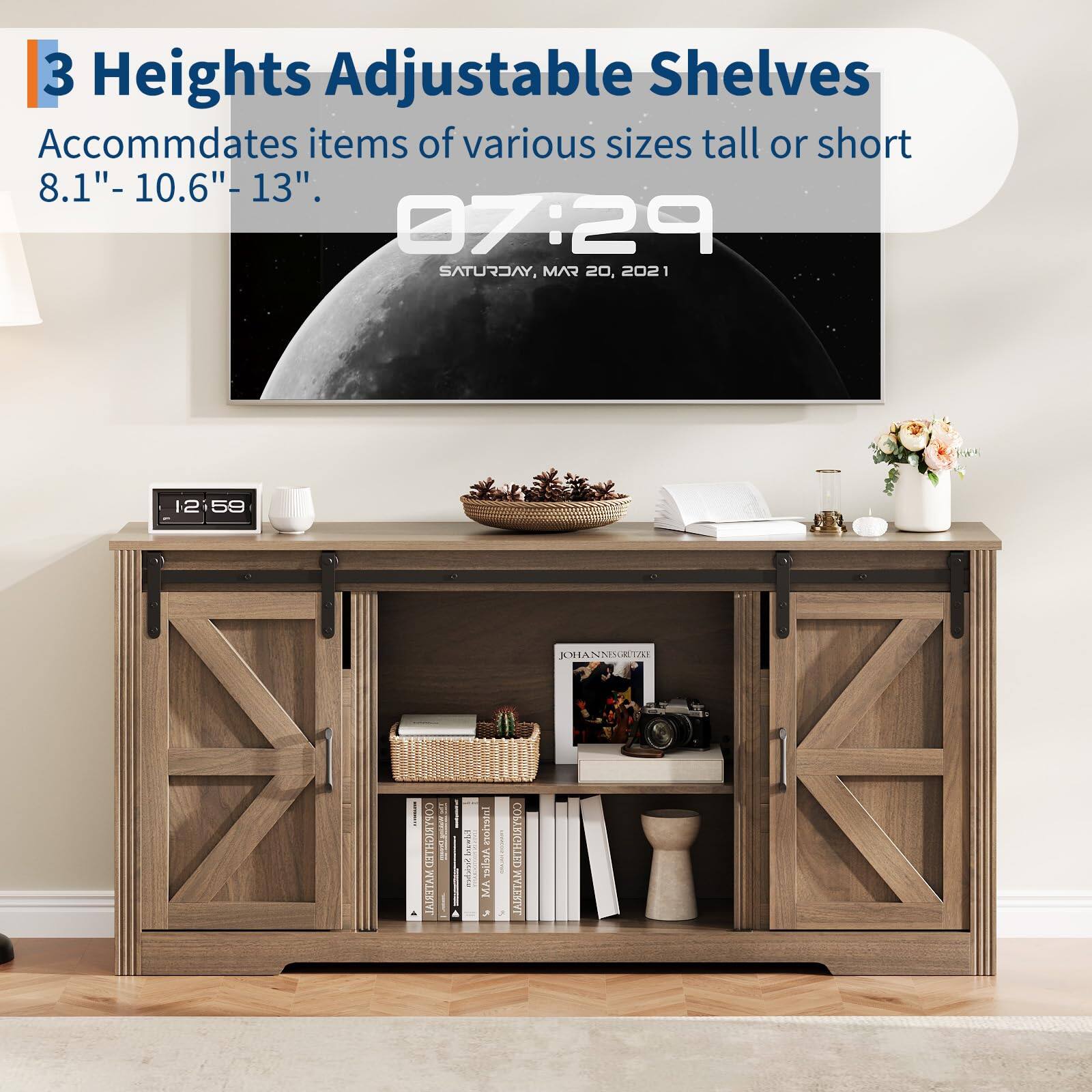 3 Heights Adjustable Shelves  
Accommodates items of various sizes tall or short  
8.1" - 10.6" - 13"  

07:29  
Saturday, Mar 20, 2021