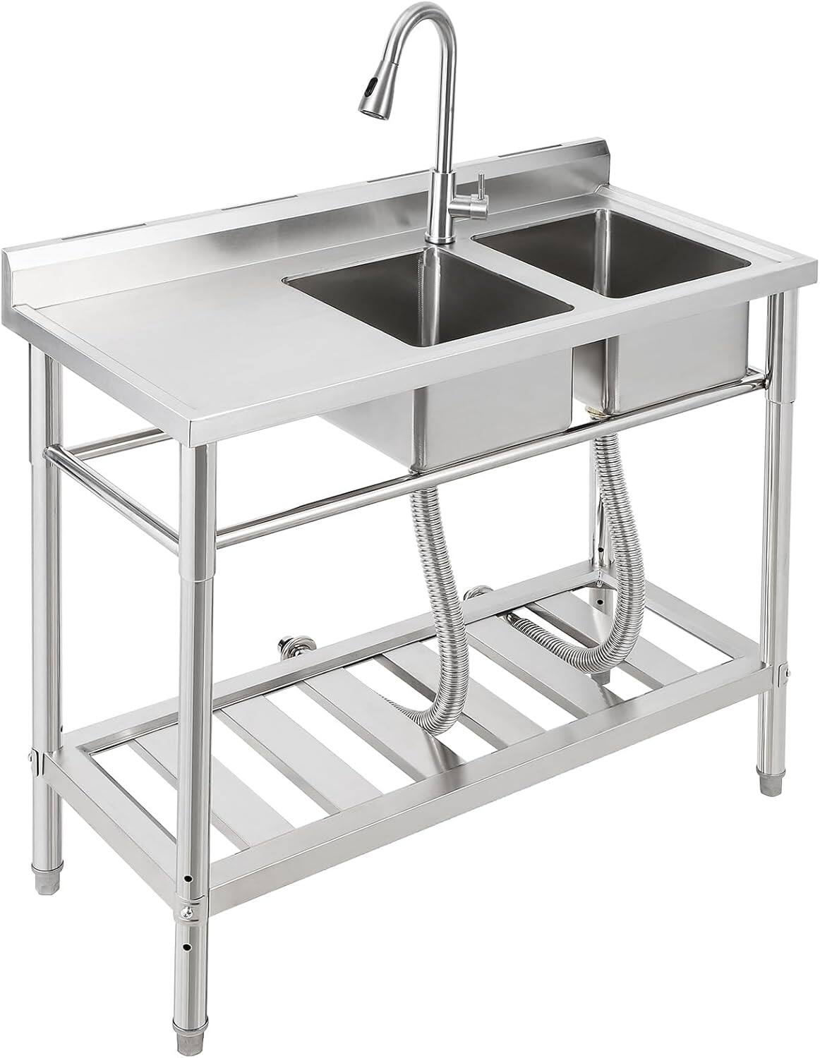 Front. Acekool - 39" Stainless Steel 2-Compartment Utility Sink with Pull-Out Faucet, Workbench & Storage Shelves, Freestanding - Silver.