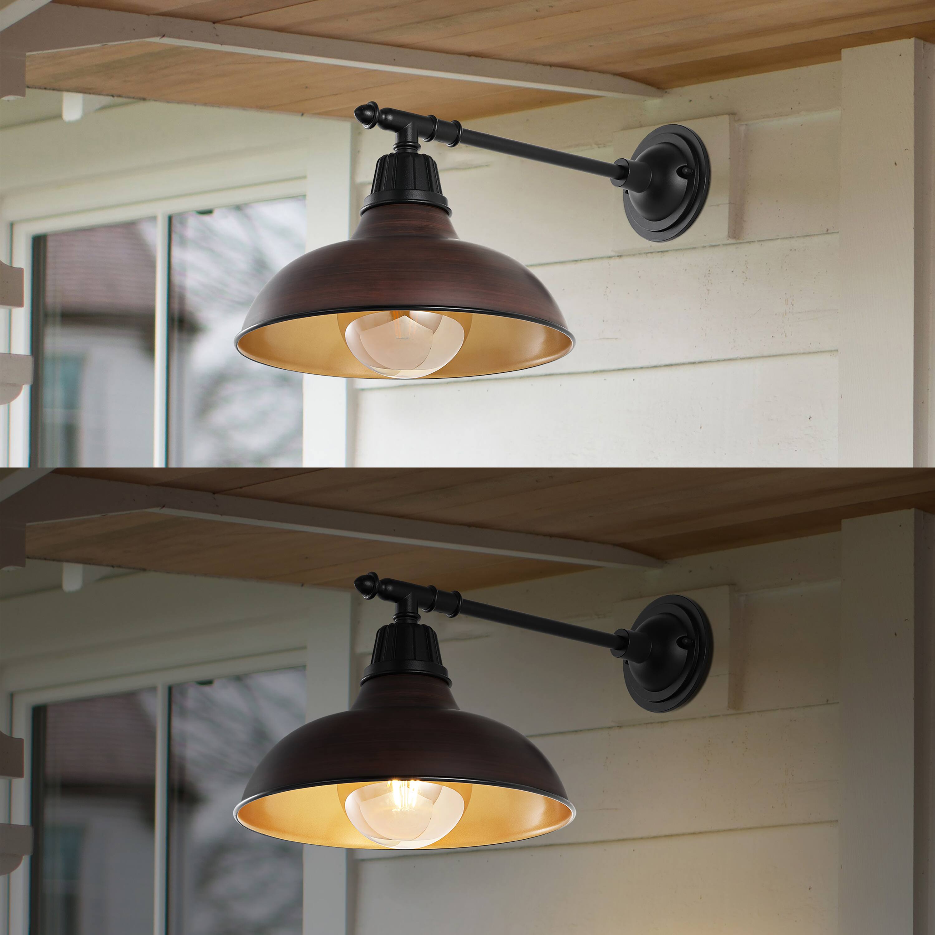 Alt View 3. Jonathan Y - Wallace 12.25" 1-Light Farmhouse Industrial Indoor/Outdoor Iron LED Victorian Arm Outdoor Sconce, Wood Finish/Copper - Wood Finish/Black.
