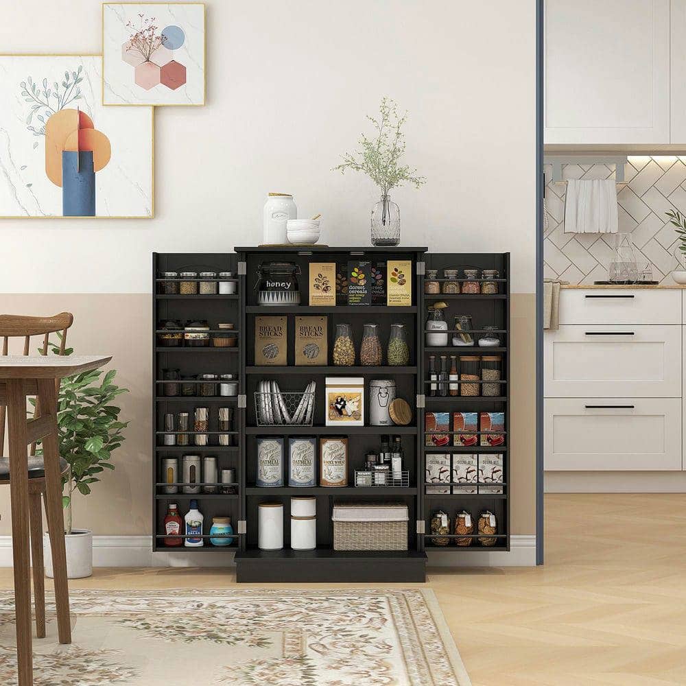 Kadyn - Freestanding Kitchen Pantry Cabinet, Kitchen Cabinet with 12 Door Shelves, Double Doors, 5-tier Shelving - Black