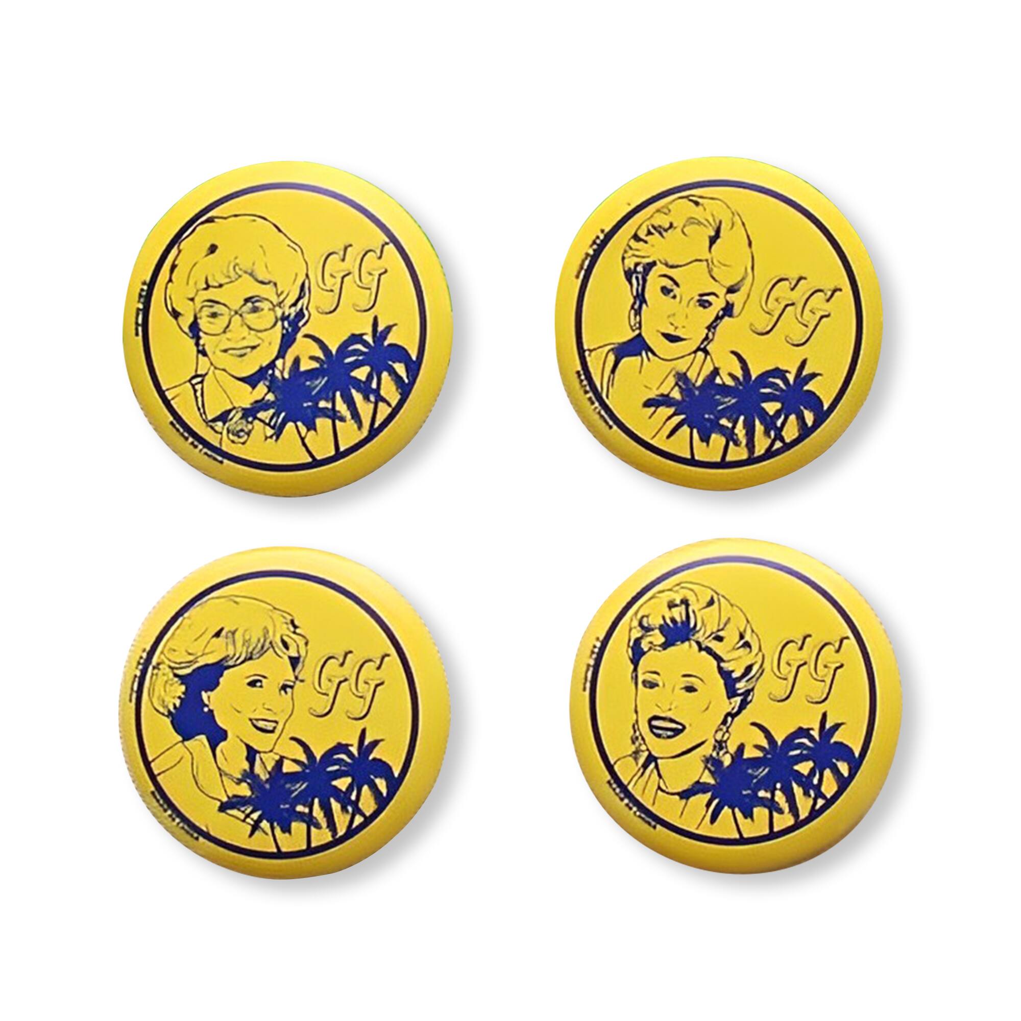 Front. Just Funky - The Golden Girls Button Pin Set | Exclusive Dorothy, Rose, Blanche & Sophia Pins - Yellow.