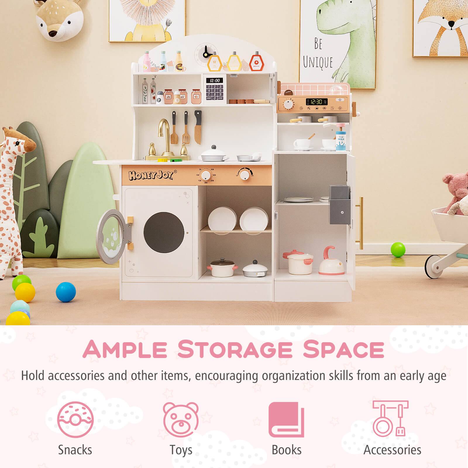 - BE UNIQUE

- HONEYJOY

- AMPLE STORAGE SPACE
  Hold accessories and other items, encouraging organization skills from an early age

- Snacks
- Toys
- Books
- Accessories