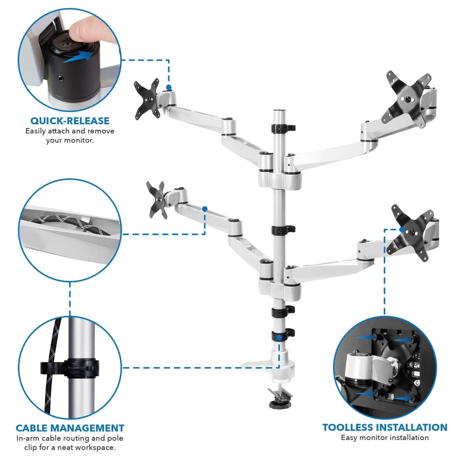 QUICK-RELEASE  
Easily attach and remove your monitor.  

CABLE MANAGEMENT  
In-arm cable routing and pole clip for a neat workspace.  

TOOLLESS INSTALLATION  
Easy monitor installation