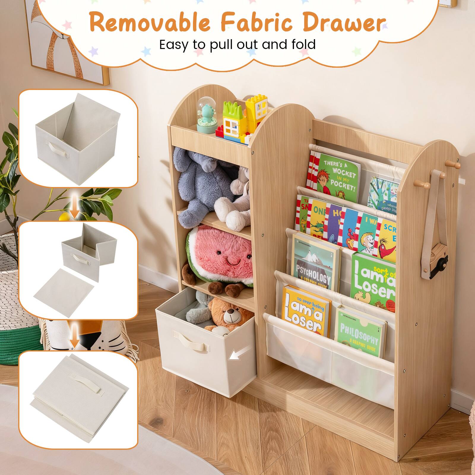 Removable Fabric Drawer  
Easy to pull out and fold  

THERE'S A WOCKET IN MY POCKET!  
ONE PERI P H I WA SCR E I sort PSYCHOLOGY  
I am a Loser 10  
PHILOSOPHY