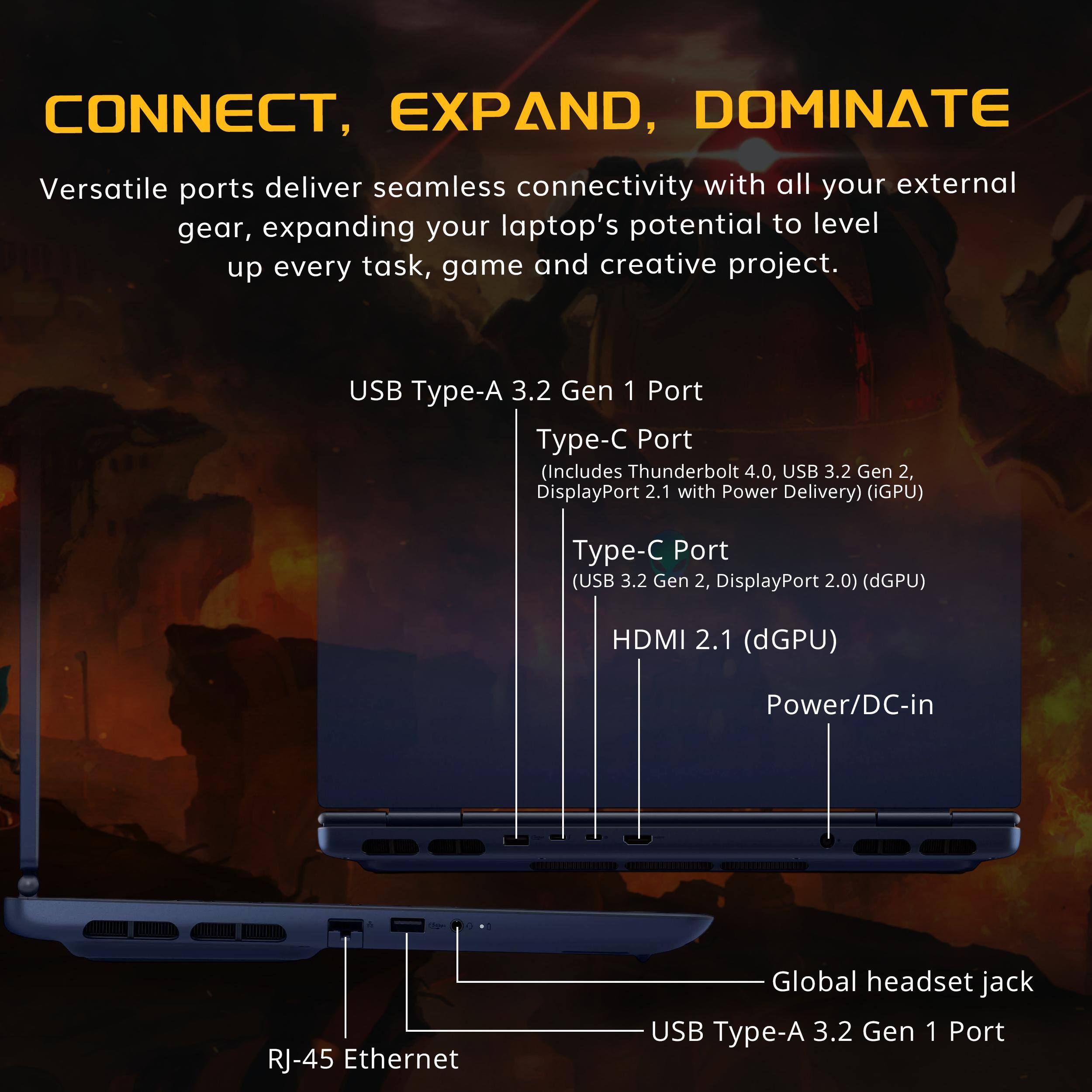 CONNECT, EXPAND, DOMINATE

Versatile ports deliver seamless connectivity with all your external gear, expanding your laptop's potential to level up every task, game and creative project.

- USB Type-A 3.2 Gen 1 Port
- Type-C Port (Includes Thunderbolt 4.0, USB 3.2 Gen 2, DisplayPort 2.1 with Power Delivery) (iGPU)
- Type-C Port (USB 3.2 Gen 2, DisplayPort 2.0) (dGPU)
- HDMI 2.1 (dGPU)
- Power/DC-in
- RJ-45 Ethernet
- Global headset jack
- USB Type-A 3.2 Gen 1 Port