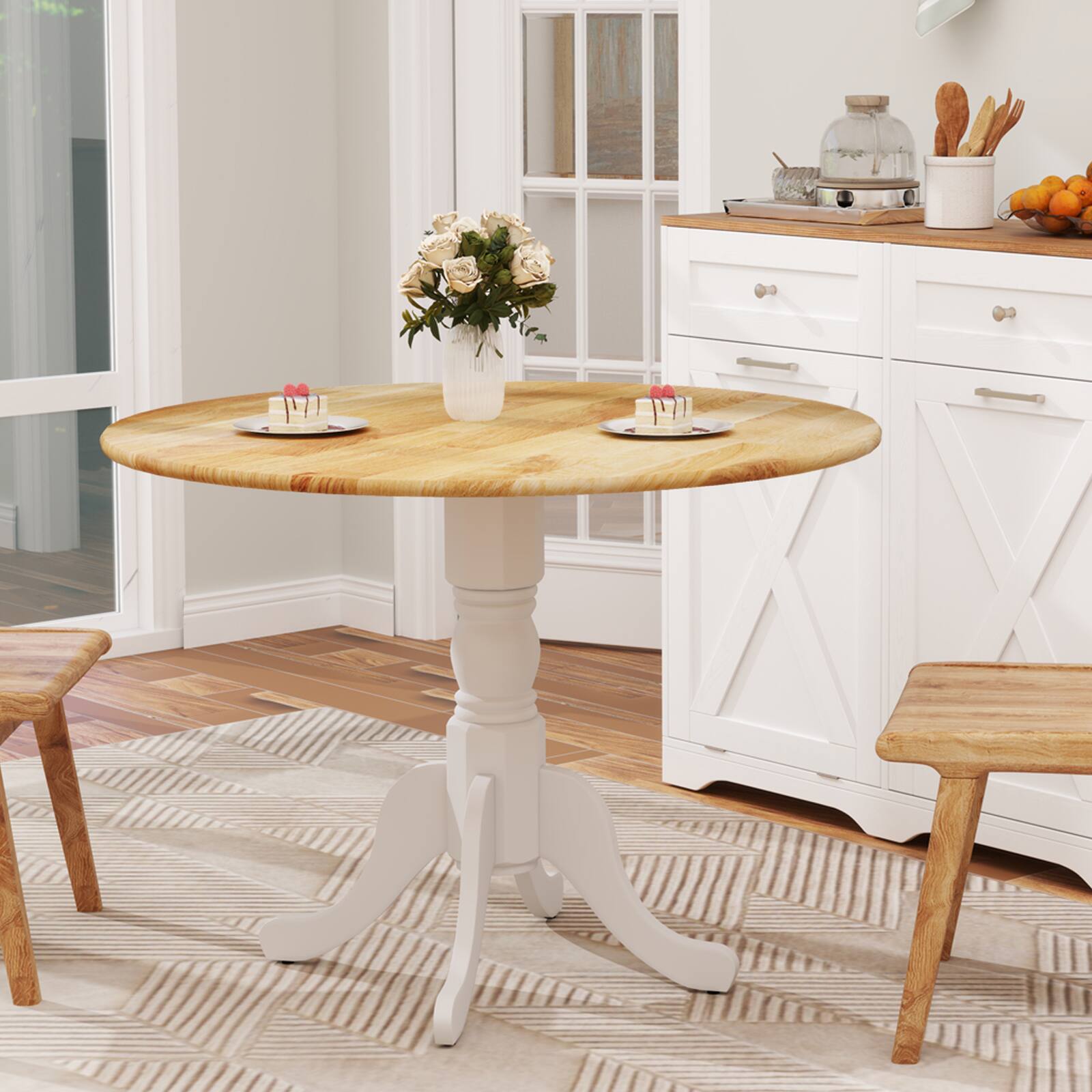 Angle. SlickBlue - Wood Dining Table with Round Tabletop and Stylish Trestle Legs - Natural, White.