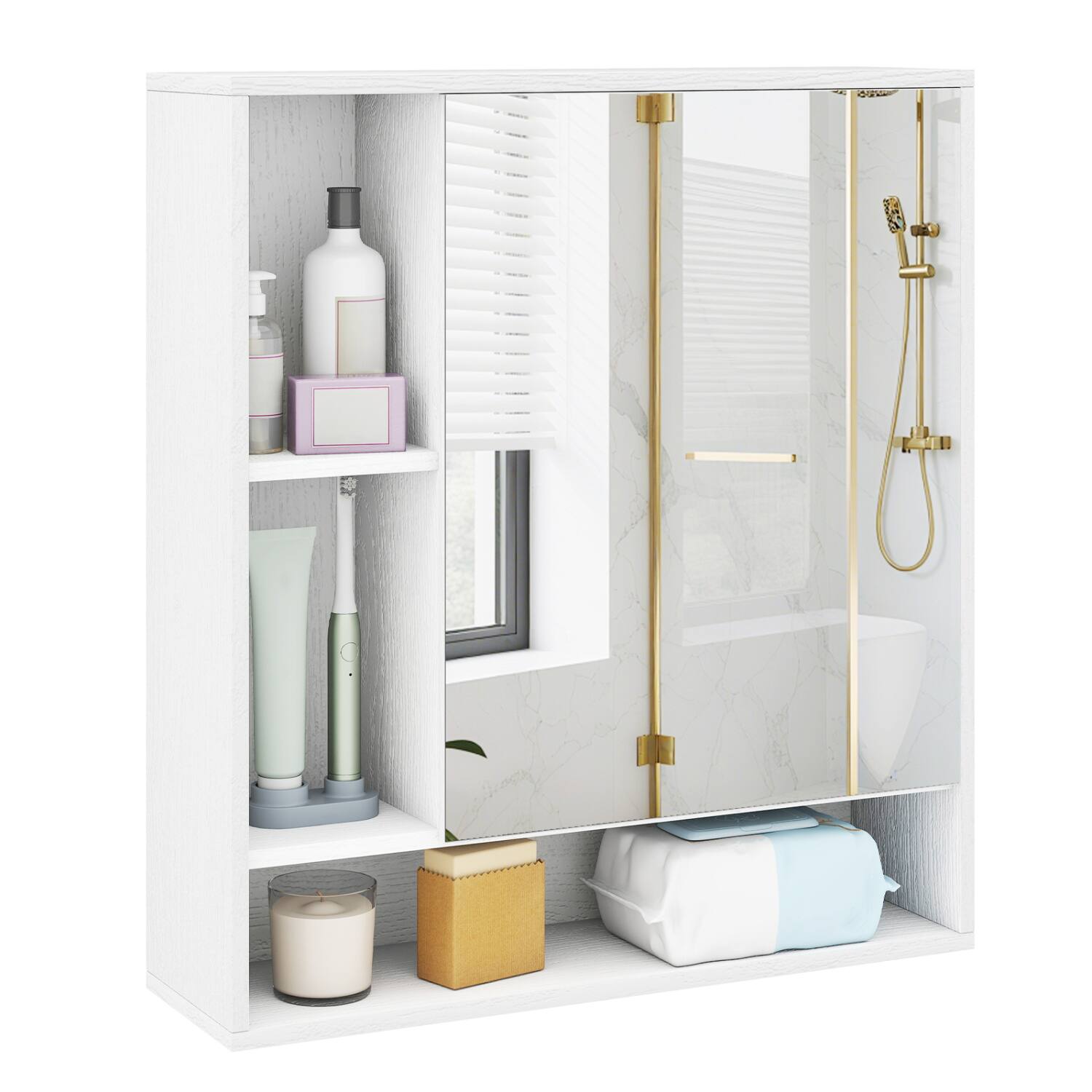 Alt View 5. WELLFOR - Wall-Mounted Bathroom Cabinet with Mirror Door, Adjustable Shelf and Open Storage - White.