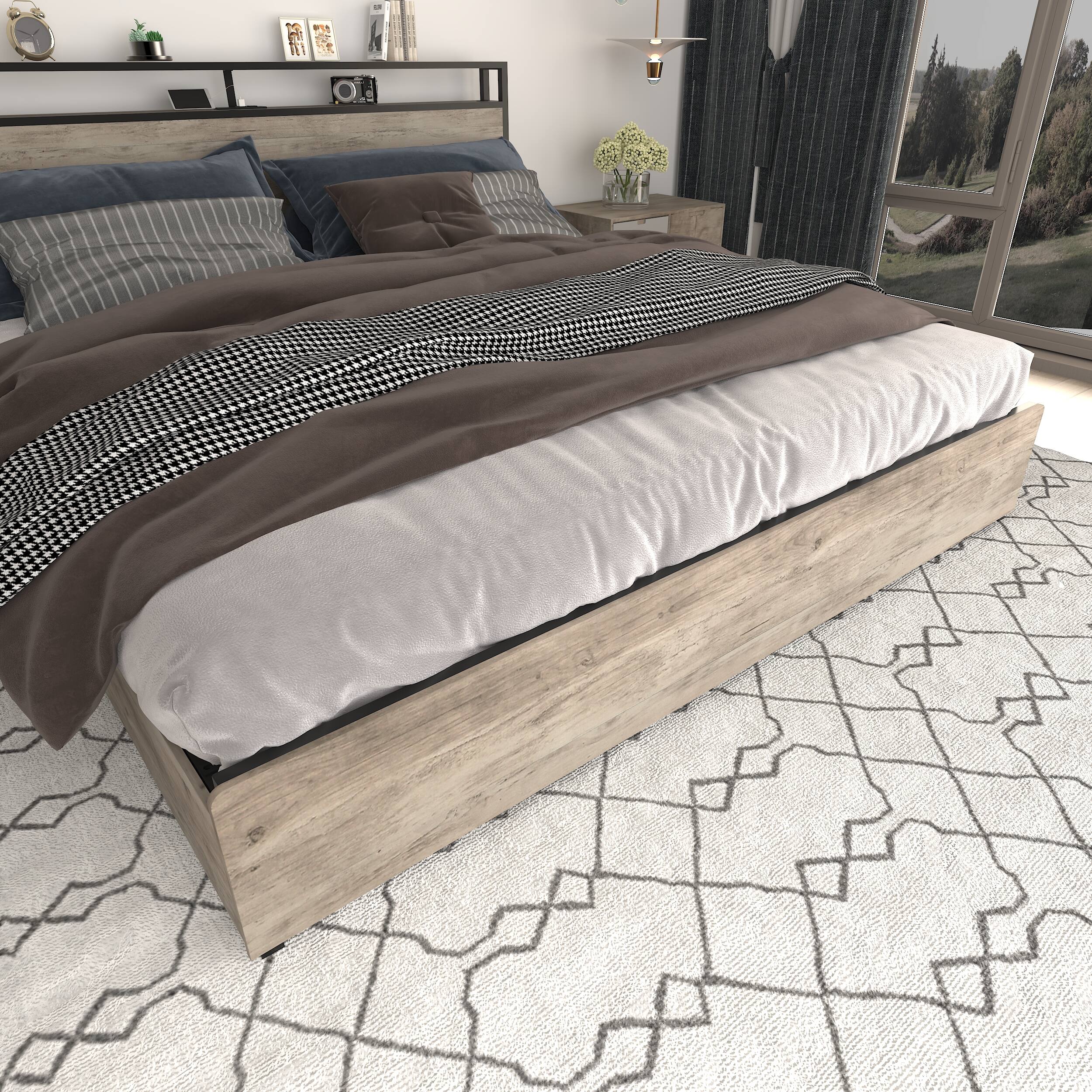 Alt View 2. LUCKY ONE - Full Size Bed Frame with Storage Headboard and Charging Station - Gray Wash.