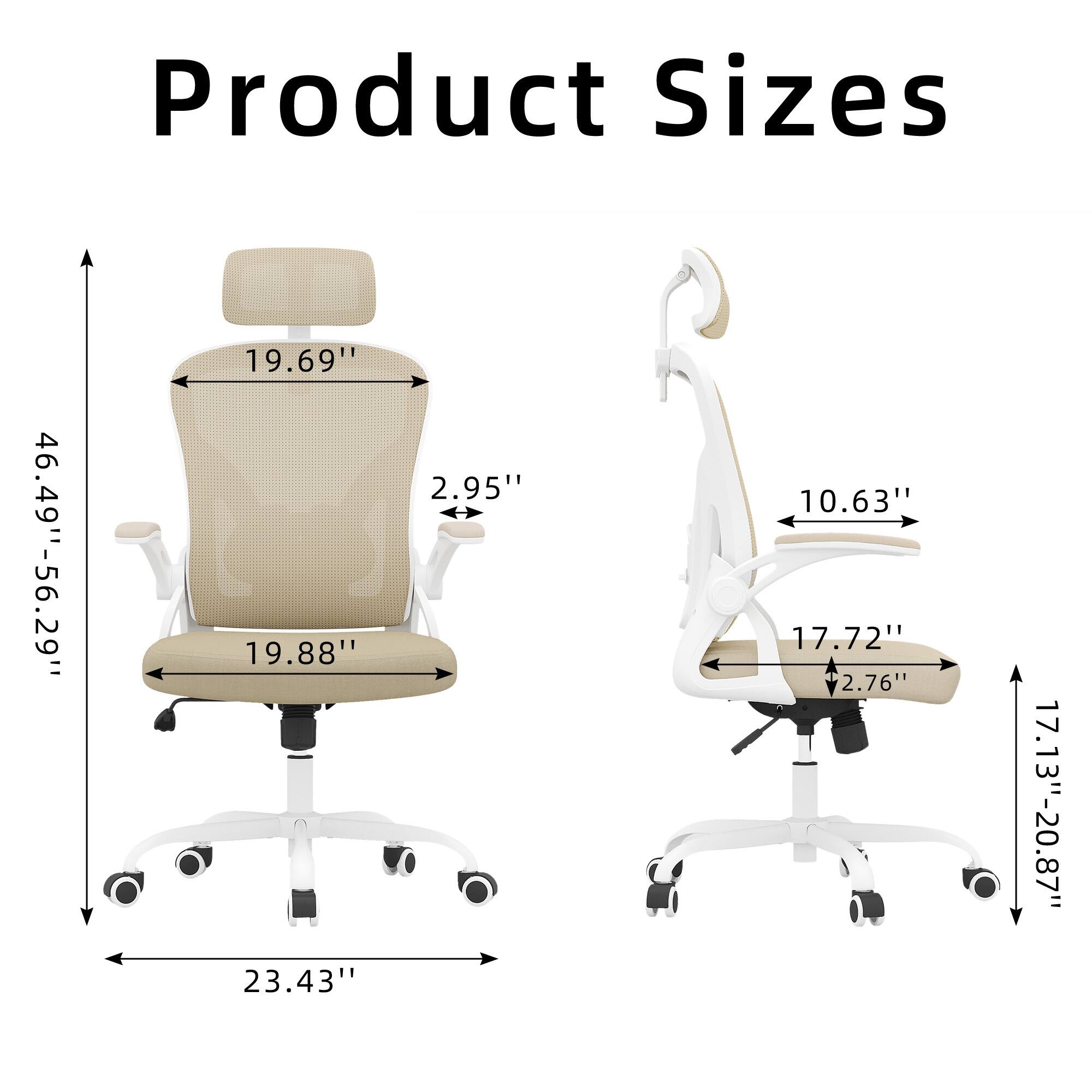 Product Sizes

- Height: 46.49" - 56.29"
- Width: 23.43"
- Depth: 19.88"
- Seat Height: 19.69"
- Seat Depth: 19.69"
- Armrest Height: 10.63"
- Armrest Width: 17.72"
- Backrest Height: 17.13" - 20.87"
- Backrest Width: 2.95"
- Seat Width: 2.76"