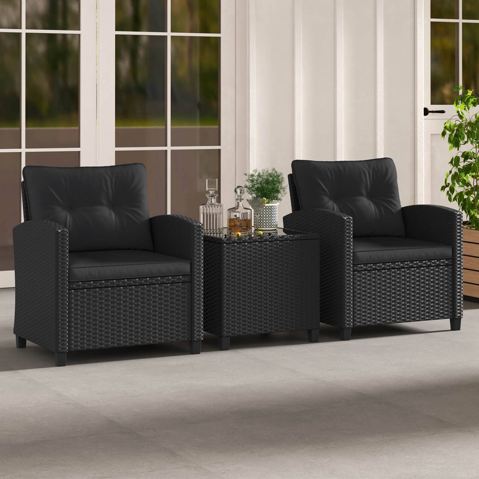 Alt View 4. Costway - 3 PCS Patio Furniture Set with Tempered Glass Coffee Table Washable Cushions - Black.