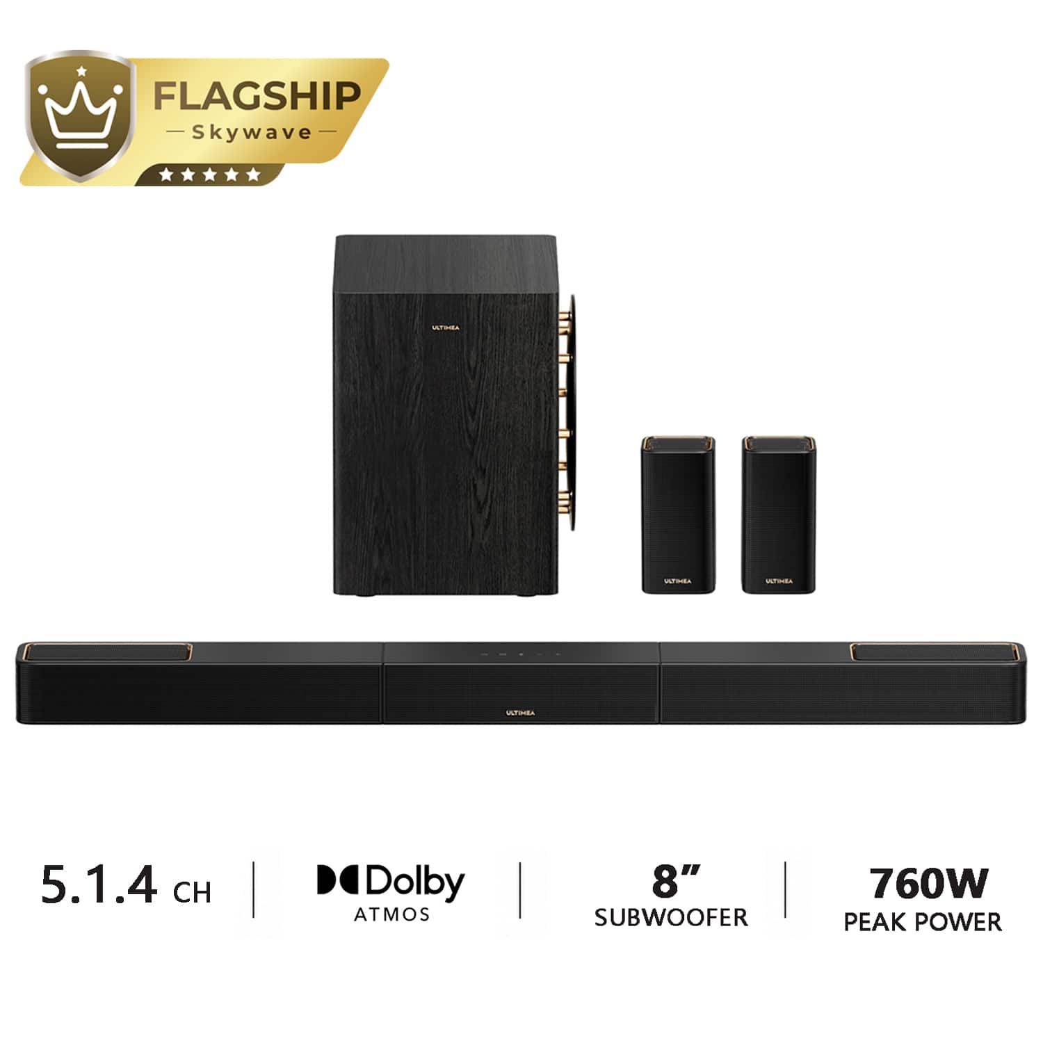 Ultimea - Skywave Series, 5.1.4ch Sound Bar with Dolby Atmos, Wireless Surround Sound System for TV, 8" Subwoofer - Black