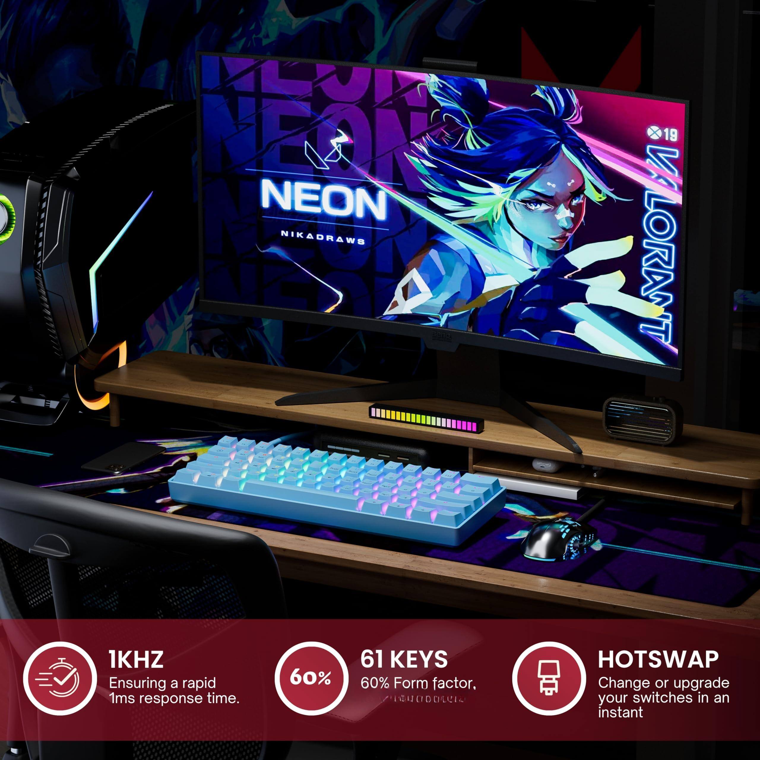 - KUK NEON NIKADRAWS
- 19 VALORANT
- 1KHZ Ensuring a rapid 1ms response time.
- 60% 61 KEYS 60% Form factor.
- HOTSWAP Change or upgrade your switches in an instant