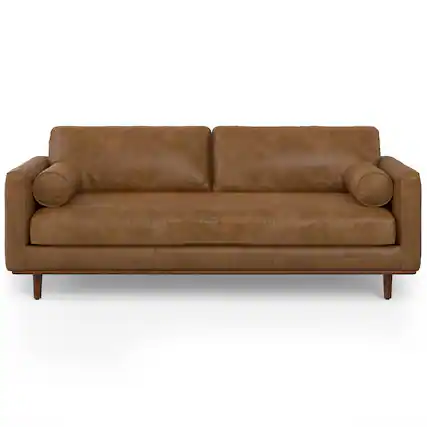 Front. Simpli Home - Morrison 89 inch Wide Mid-Century Modern Sofa in Caramel Brown Top Grain Genuine Leather - Caramel Brown.