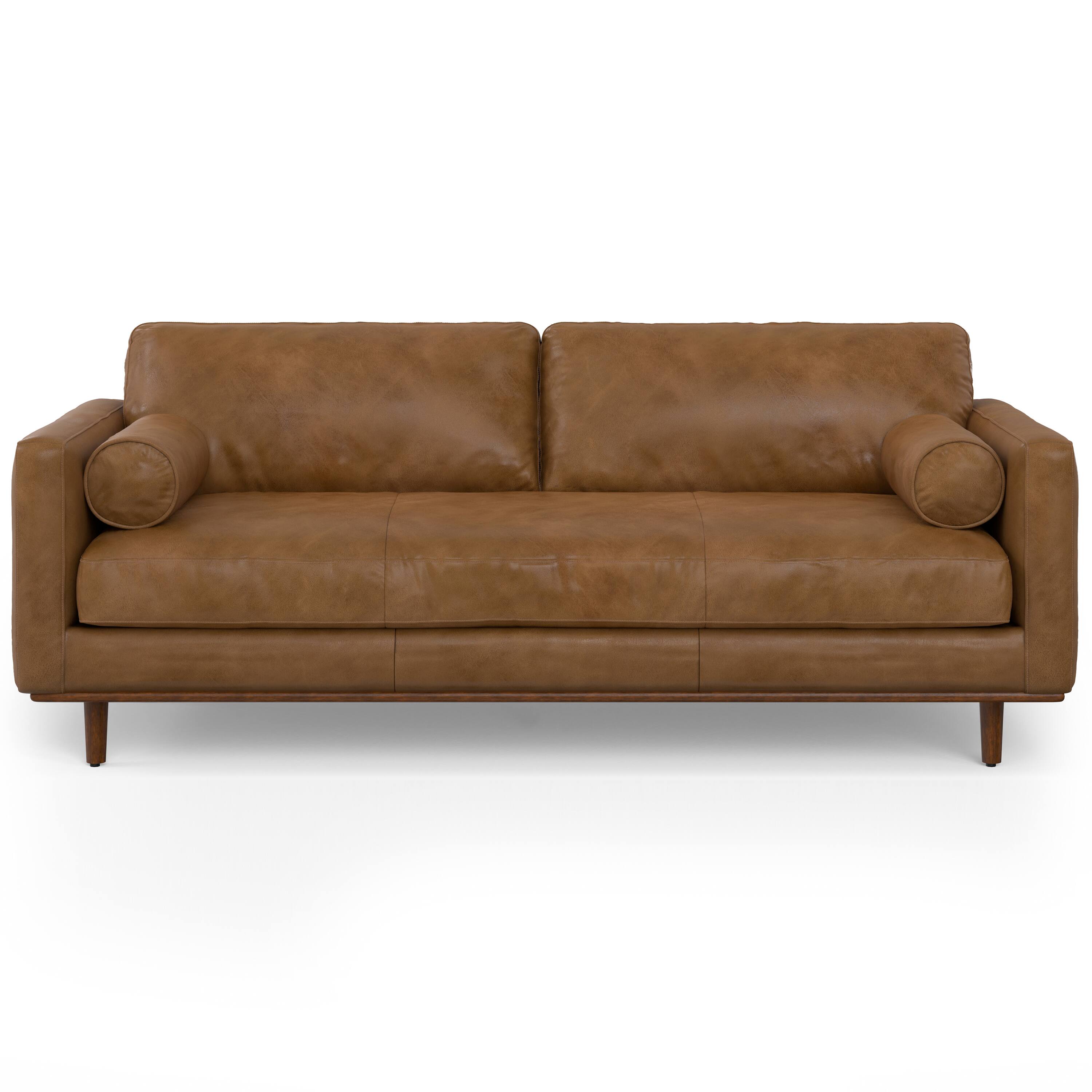 Front. Simpli Home - Morrison 89 inch Wide Mid-Century Modern Sofa in Caramel Brown Top Grain Genuine Leather - Caramel Brown.