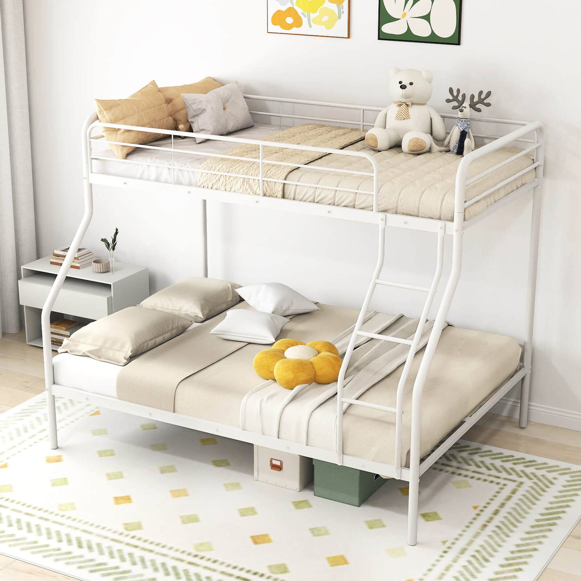 Angle. Costway - Twin over Full Metal Bunk Bed with Inclined Ladder Safety Guardrail, Slat Support - White.