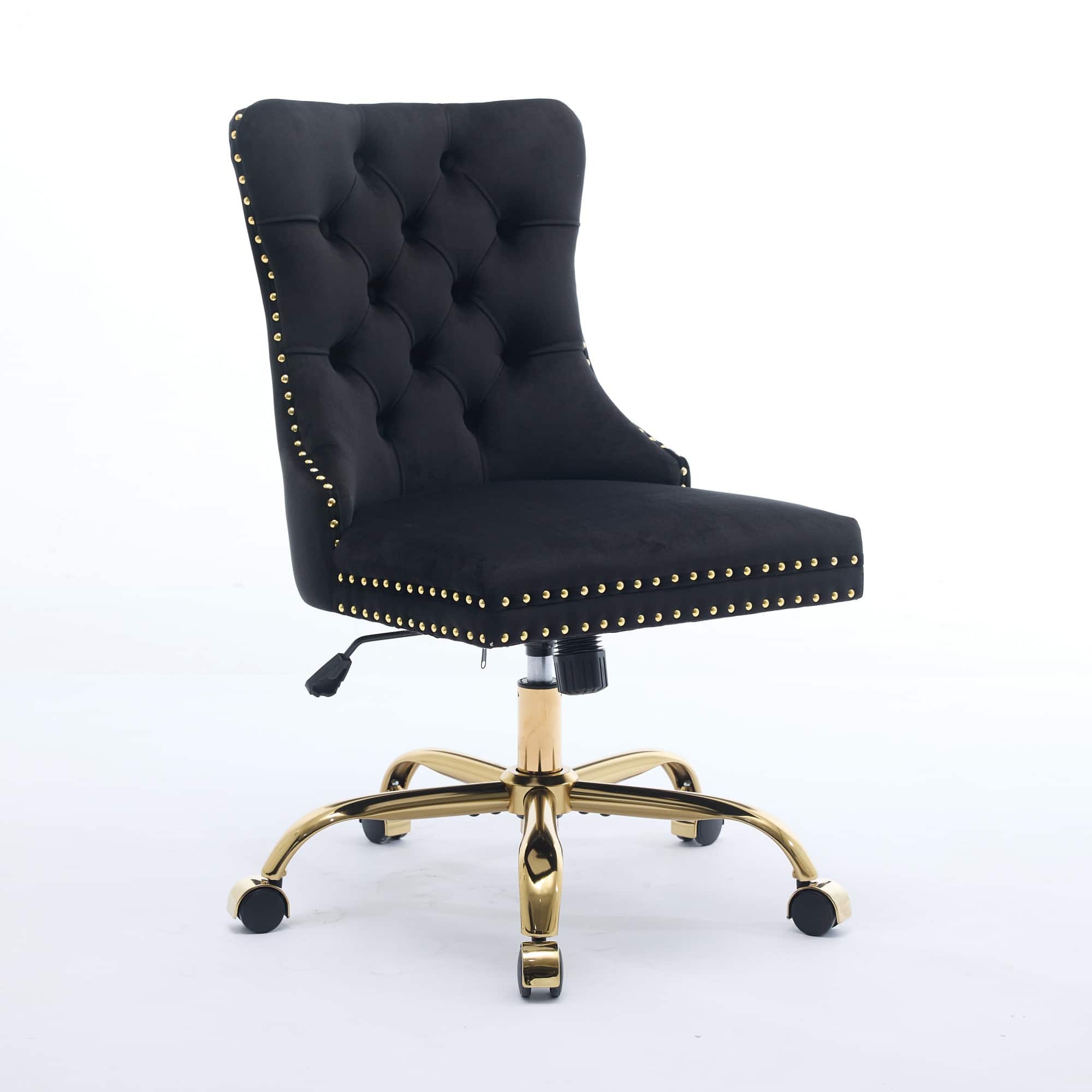 Spaco - Modern Velvet Office Chair with Tufted Button, Golden Metal Base, Adjustable Swivel, for Home Office - Black