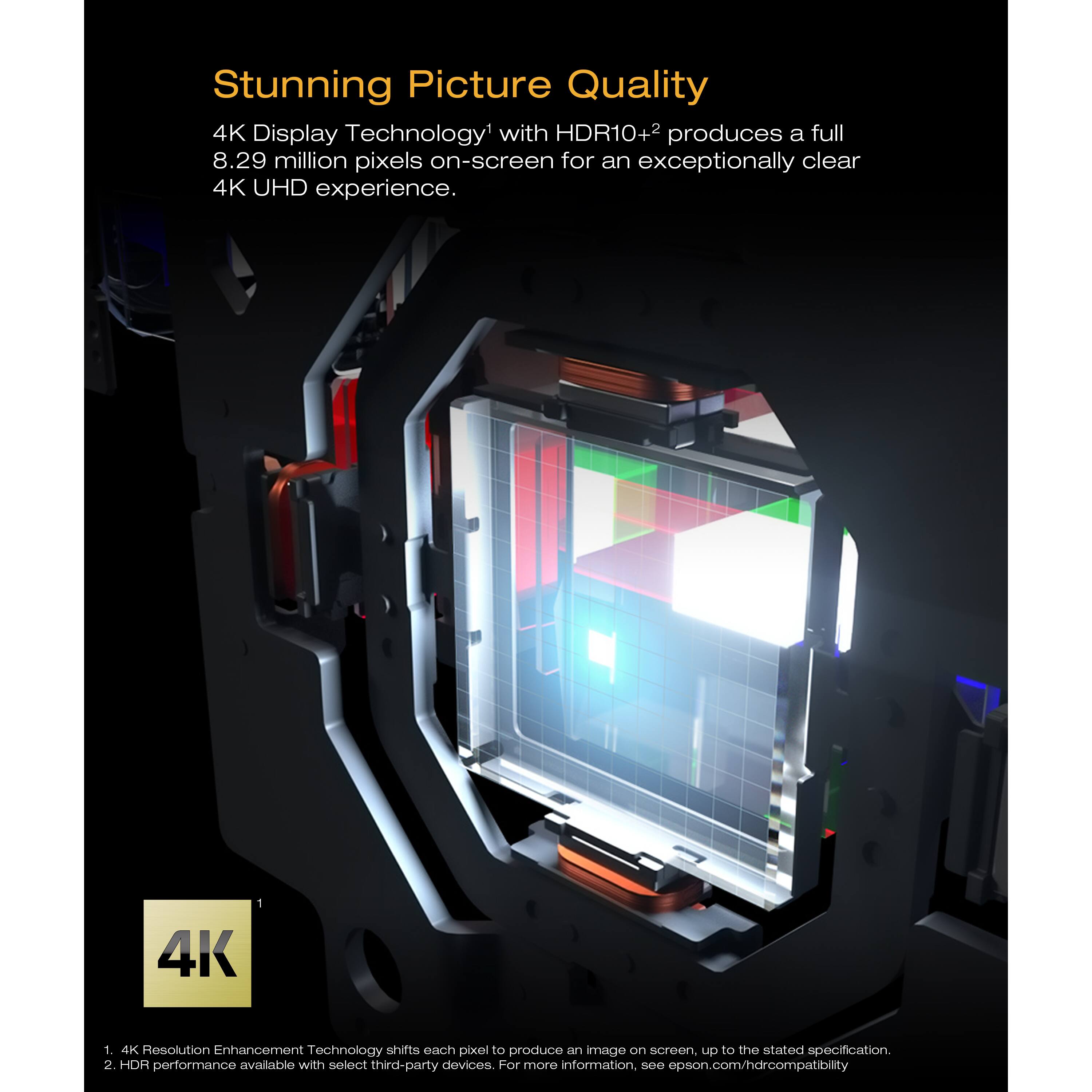 Stunning Picture Quality

4K Display Technology with HDR10+2 produces a full 8.29 million pixels on-screen for an exceptionally clear 4K UHD experience.

1. 4K Resolution Enhancement Technology shifts each pixel to produce an image on screen up to the stated specification.
2. HDR performance available with select third-party devices. For more information, see epson.com/hdrcompatibility