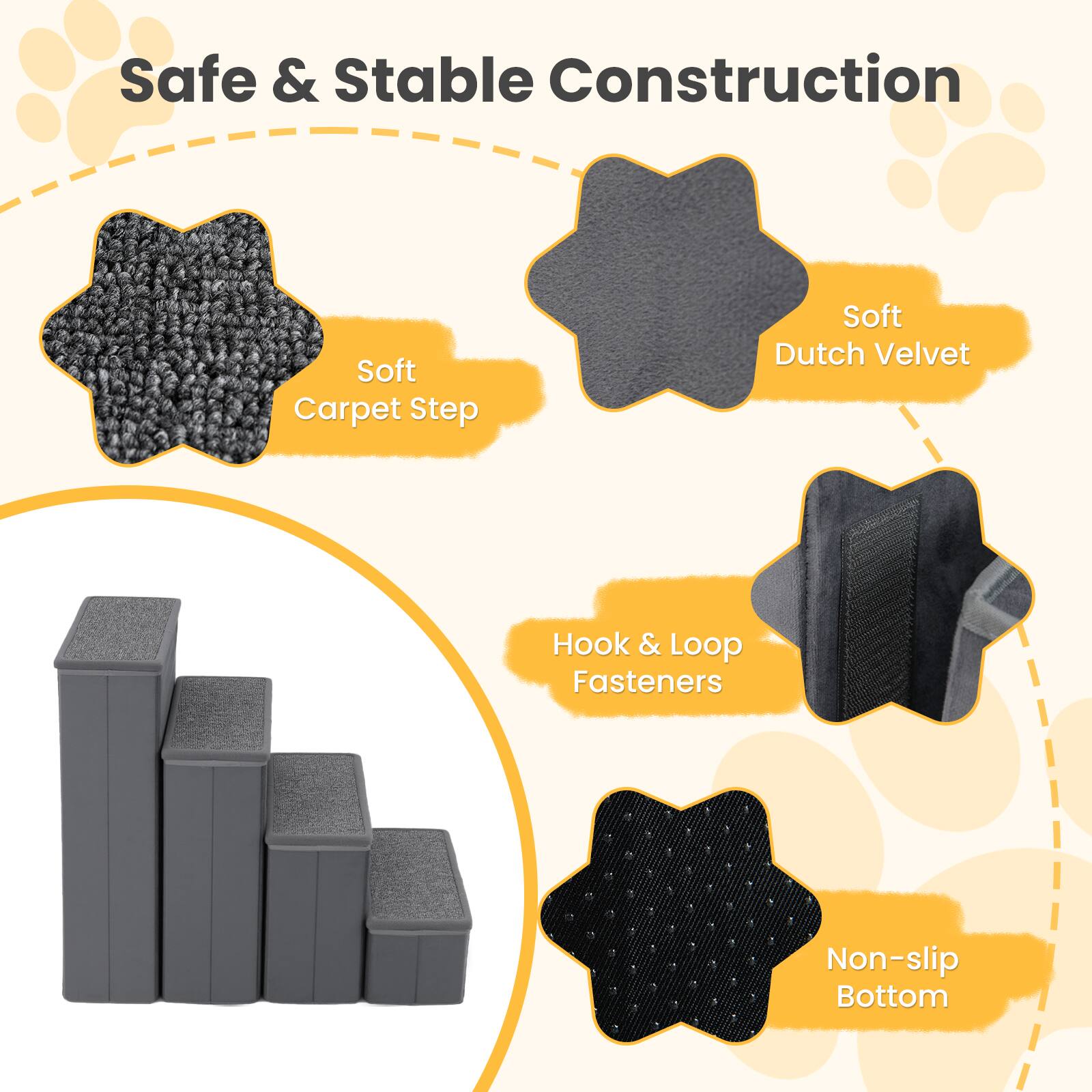 Safe & Stable Construction

- Soft Carpet Step
- Soft Dutch Velvet
- Hook & Loop Fasteners
- Non-slip Bottom