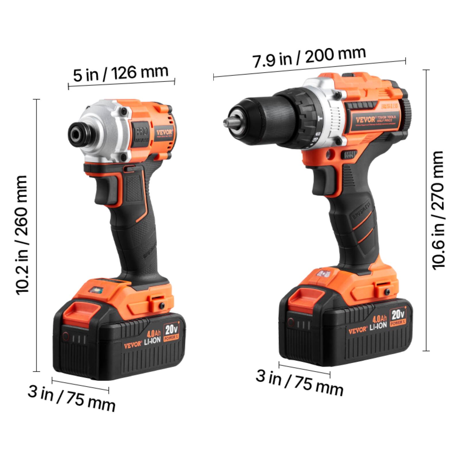 - 5 in / 126 mm
- 7.9 in / 200 mm
- 10.2 in / 260 mm
- 10.6 in / 270 mm
- 3 in / 75 mm
- 4.0Ah 20v LI-ION BATTERY
- VEVOR
