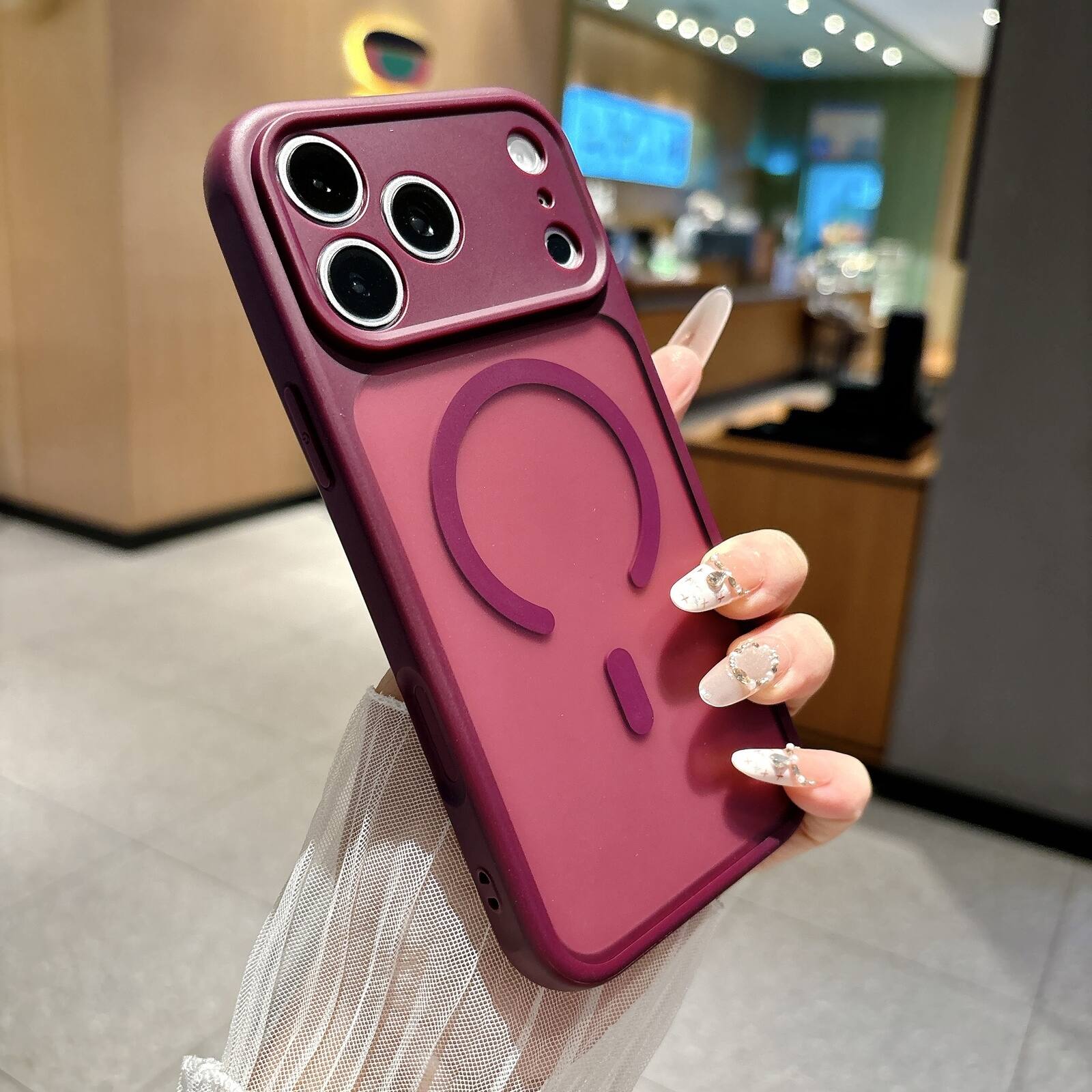 Angle. UUCOVER - Magnetic Translucent Matte Case for Apple iPhone 18 Pro Compatible with MagSafe, Raised Edge Protection Shockproof Cover - Cherryred.